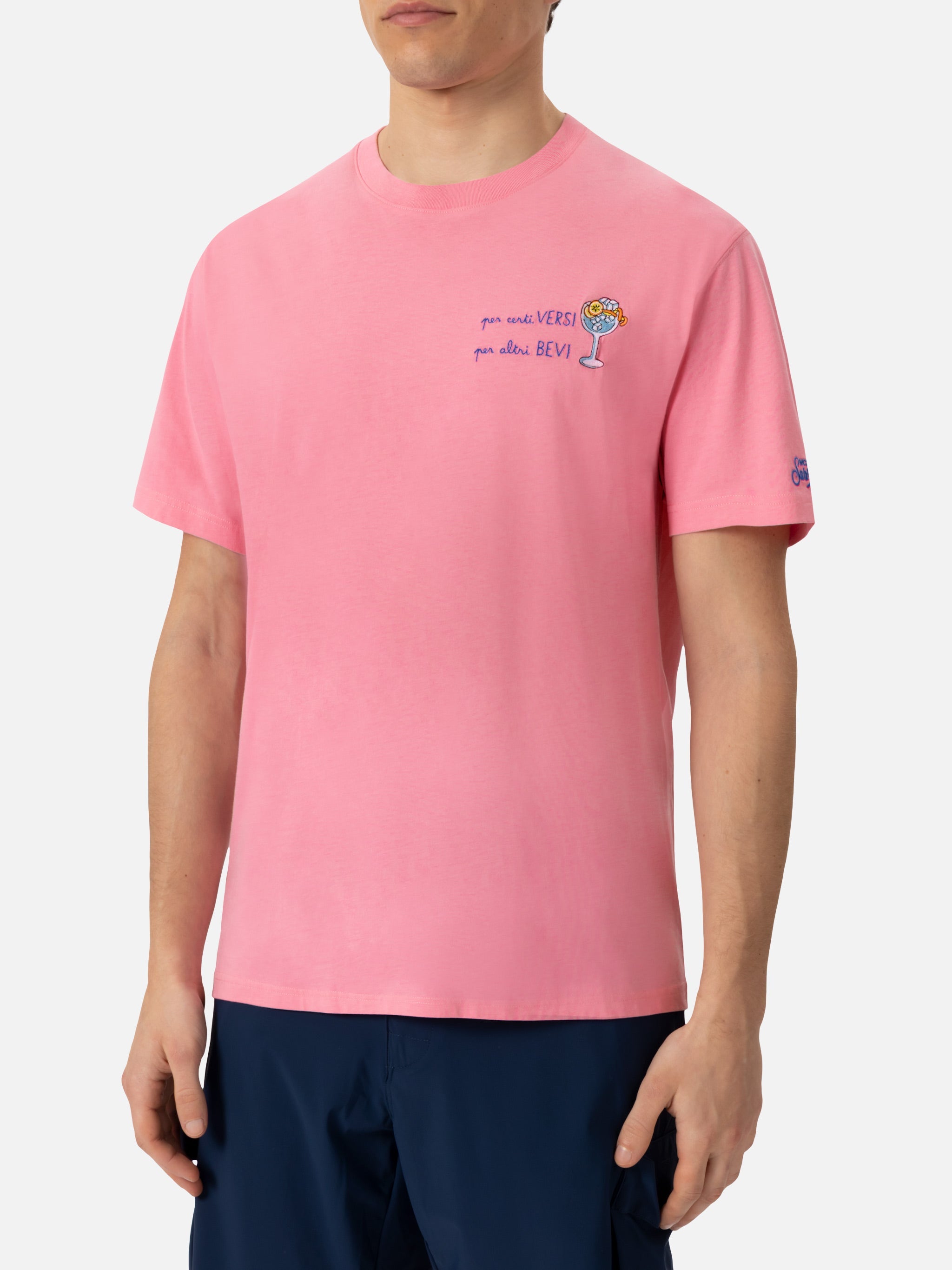 Classic Fit Cotton Jersey T-Shirt Portofino With Per Certi Versi, Altri Bevi Embroidery Pink
