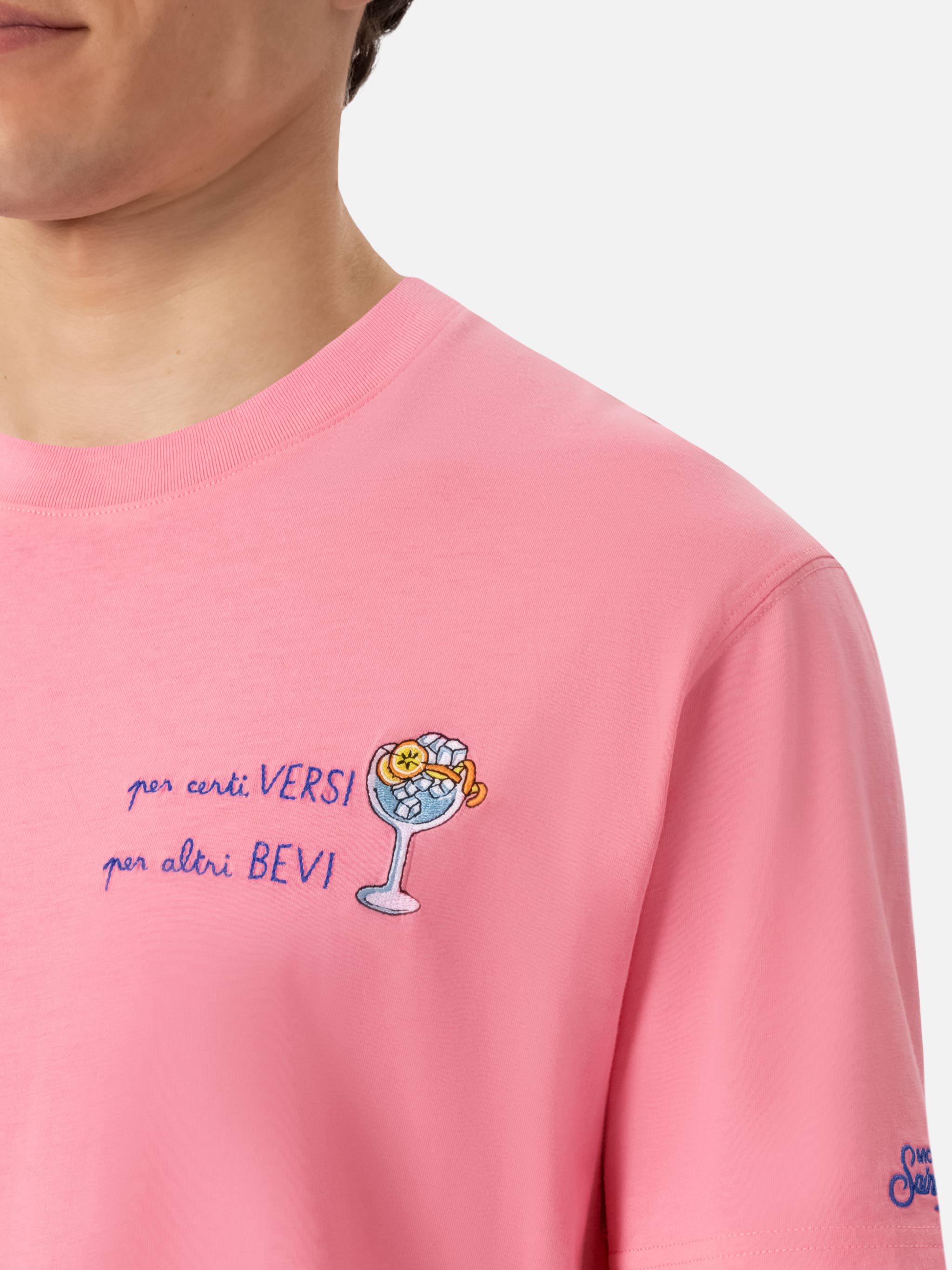 Classic Fit Cotton Jersey T-Shirt Portofino With Per Certi Versi, Altri Bevi Embroidery Pink