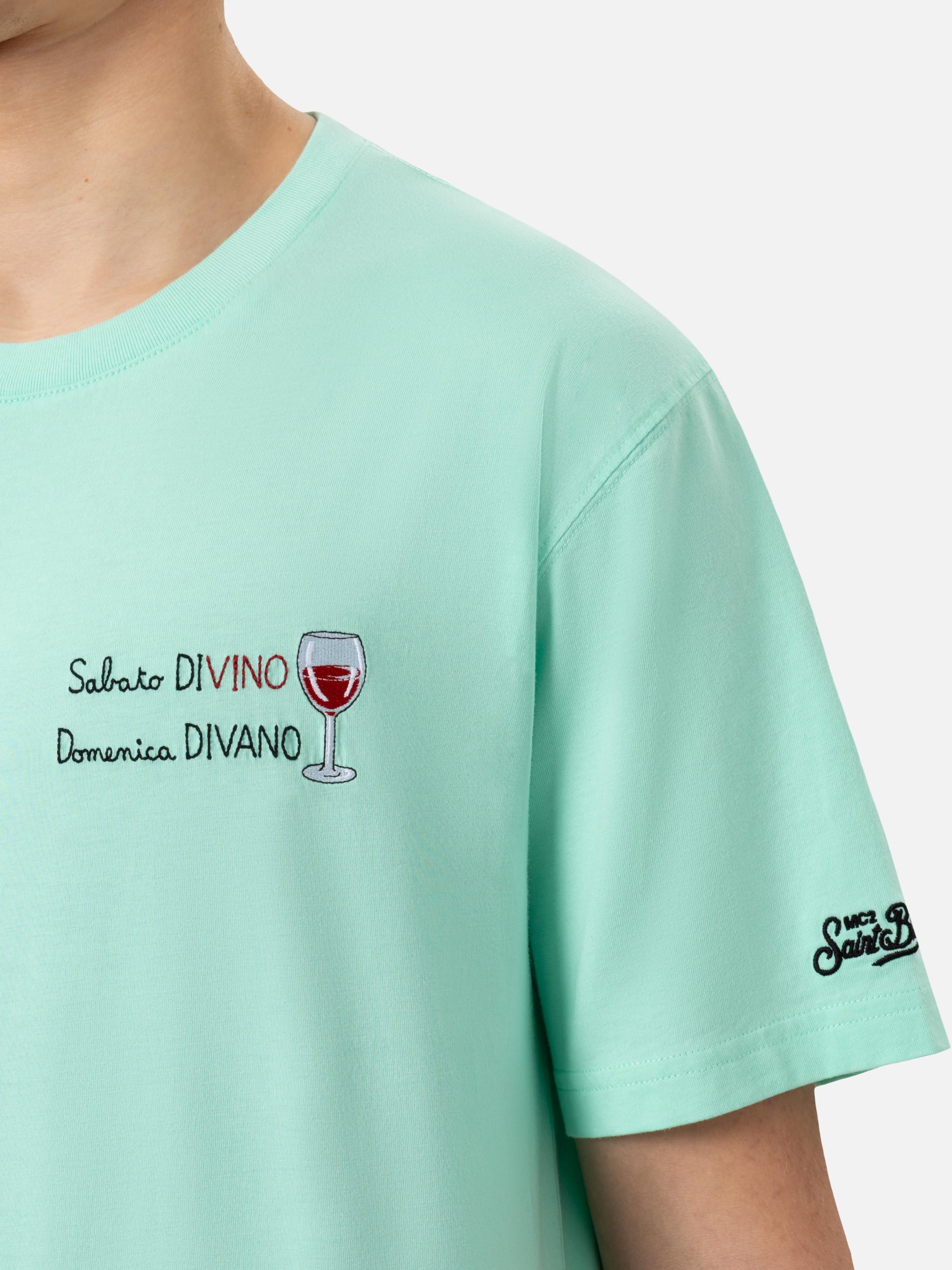 Classic Fit Cotton Jersey T-Shirt Portofino With Sabato Divino Domenica Divano Embroidery Green