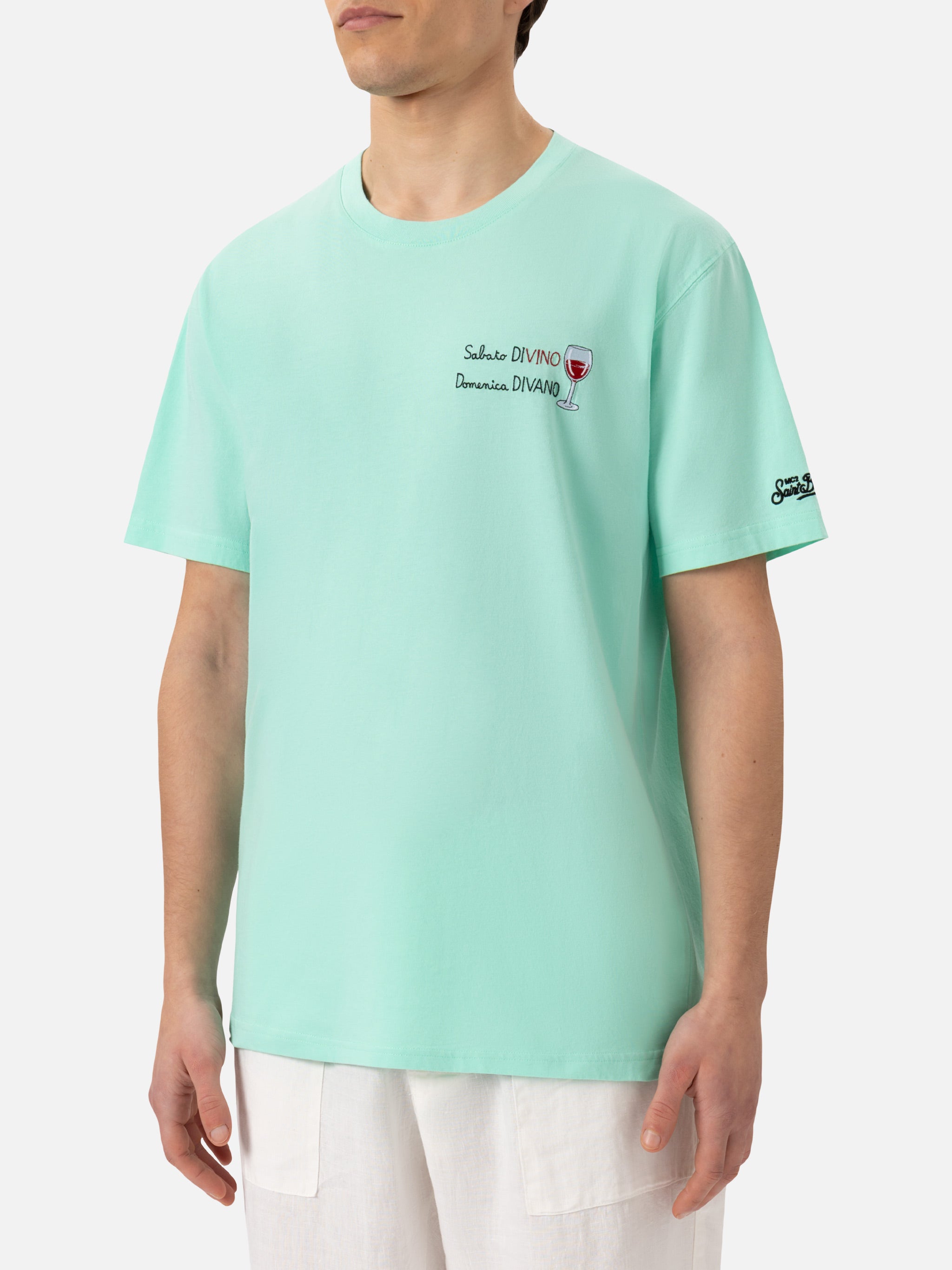 Classic Fit Cotton Jersey T-Shirt Portofino With Sabato Divino Domenica Divano Embroidery Green