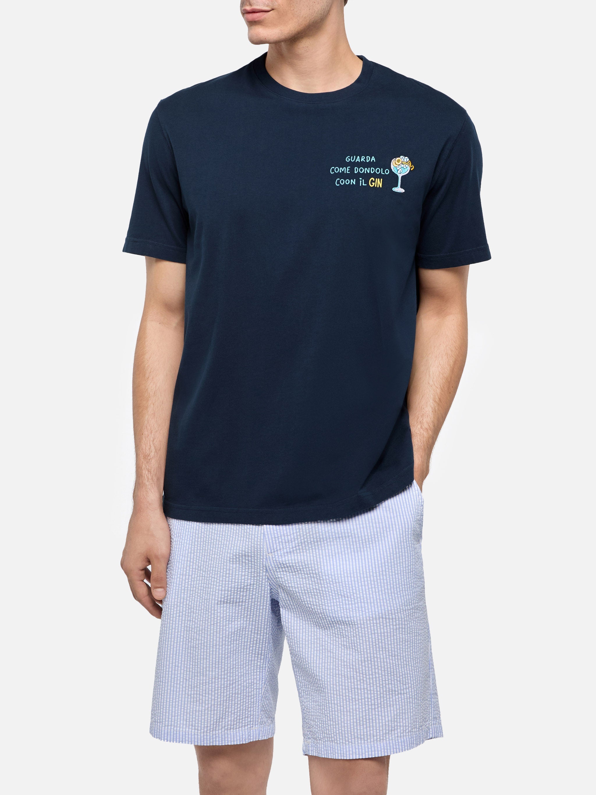 Classic Fit Cotton Jersey T-Shirt Portofino With Dondolo Con Il Gin Embroidery Blue