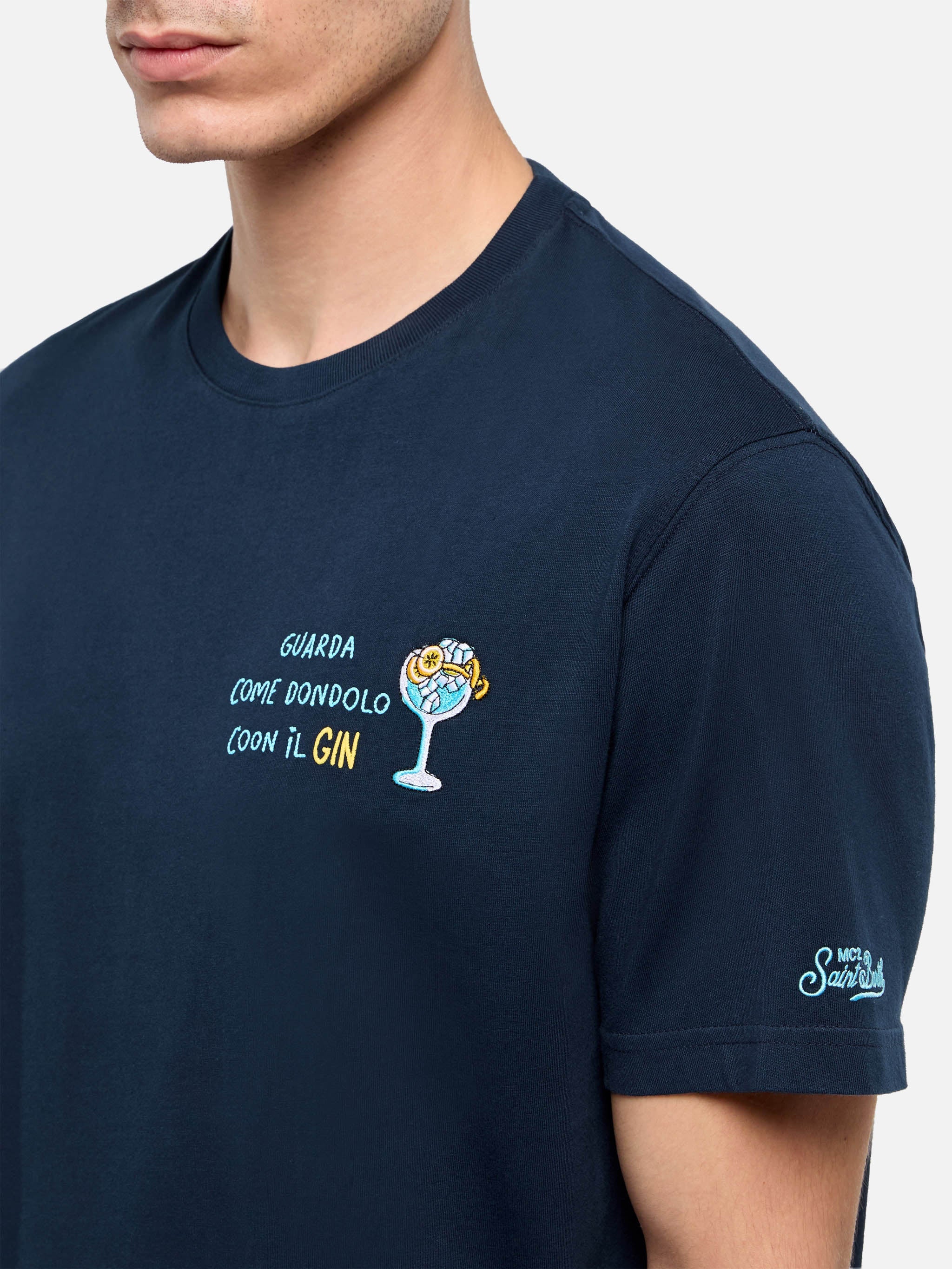 Classic Fit Cotton Jersey T-Shirt Portofino With Dondolo Con Il Gin Embroidery Blue
