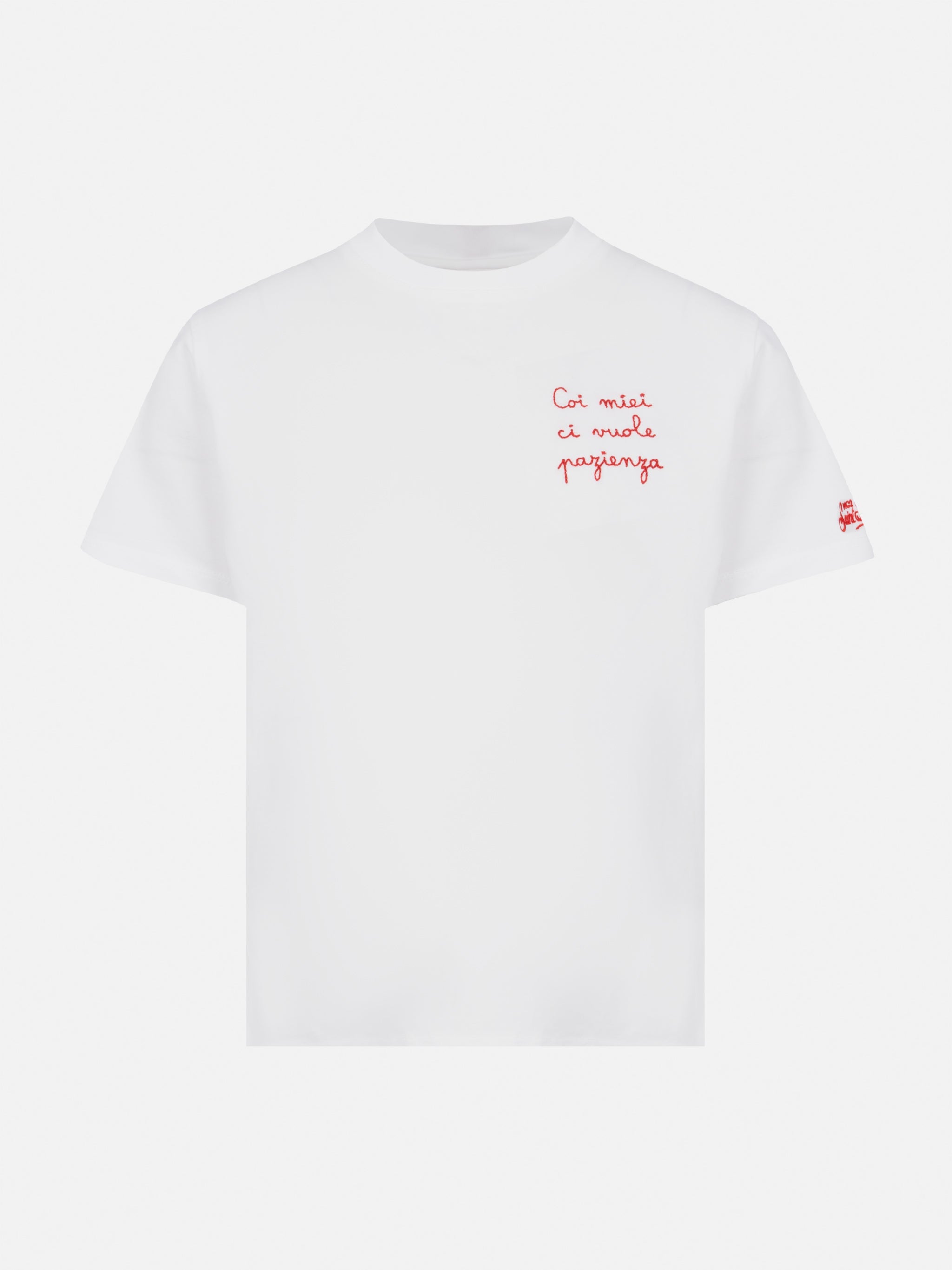 Portofino Jr Cotton Jersey T-Shirt With Coi Miei Ci Vuole Pazienza Embroidery White
