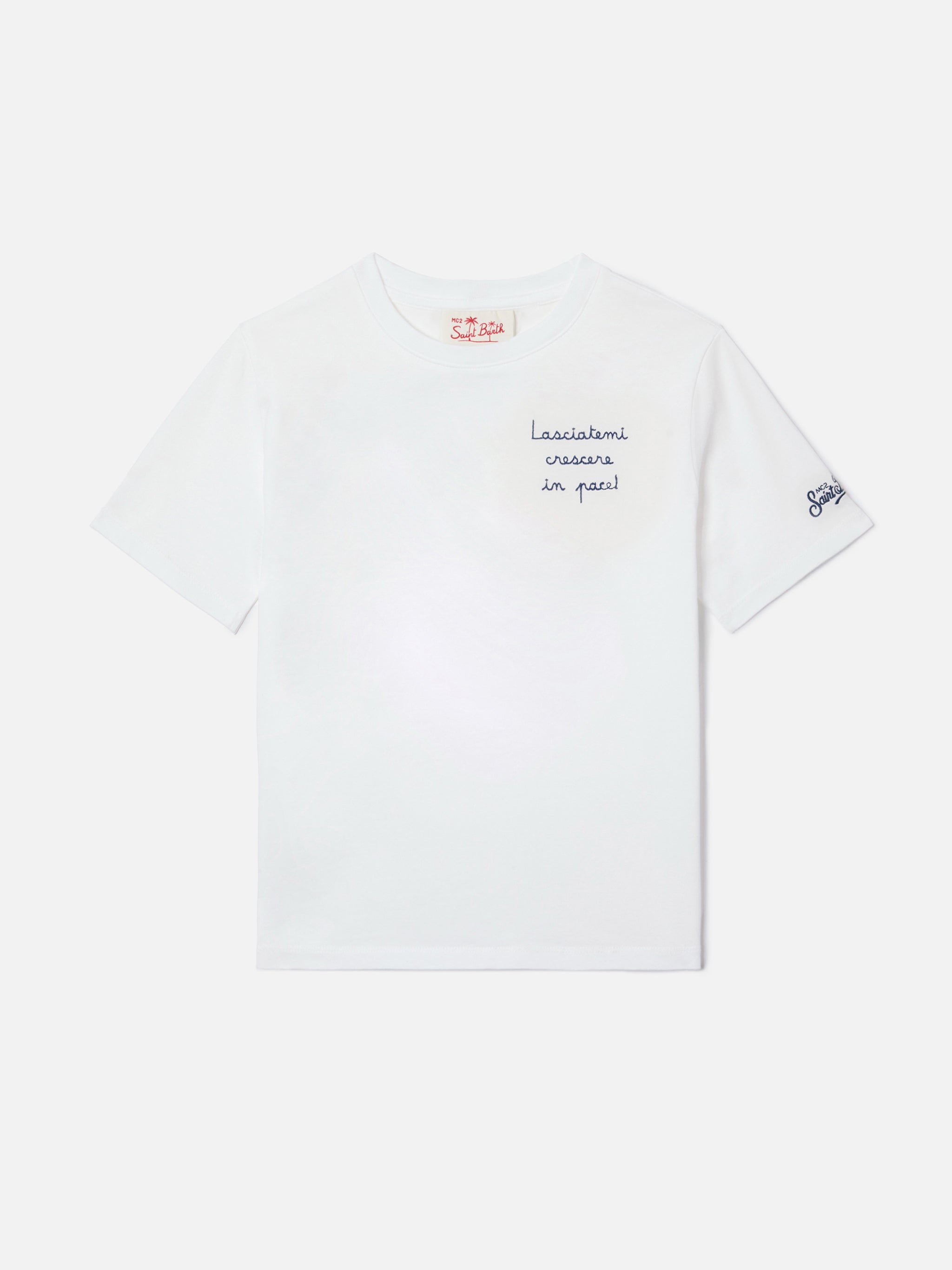 Portofino Jr T-Shirt With Lasciatemi Crescere Pace! Embroidery White