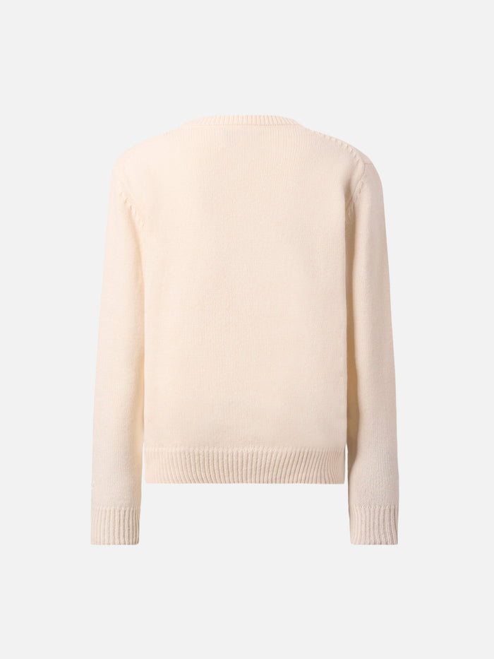 Princess Cashmere-Blend Crewneck With Splendida Splendente Lurex Jacquard White