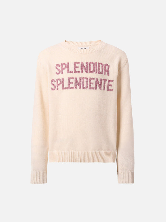 Princess Cashmere-Blend Crewneck With Splendida Splendente Lurex Jacquard White