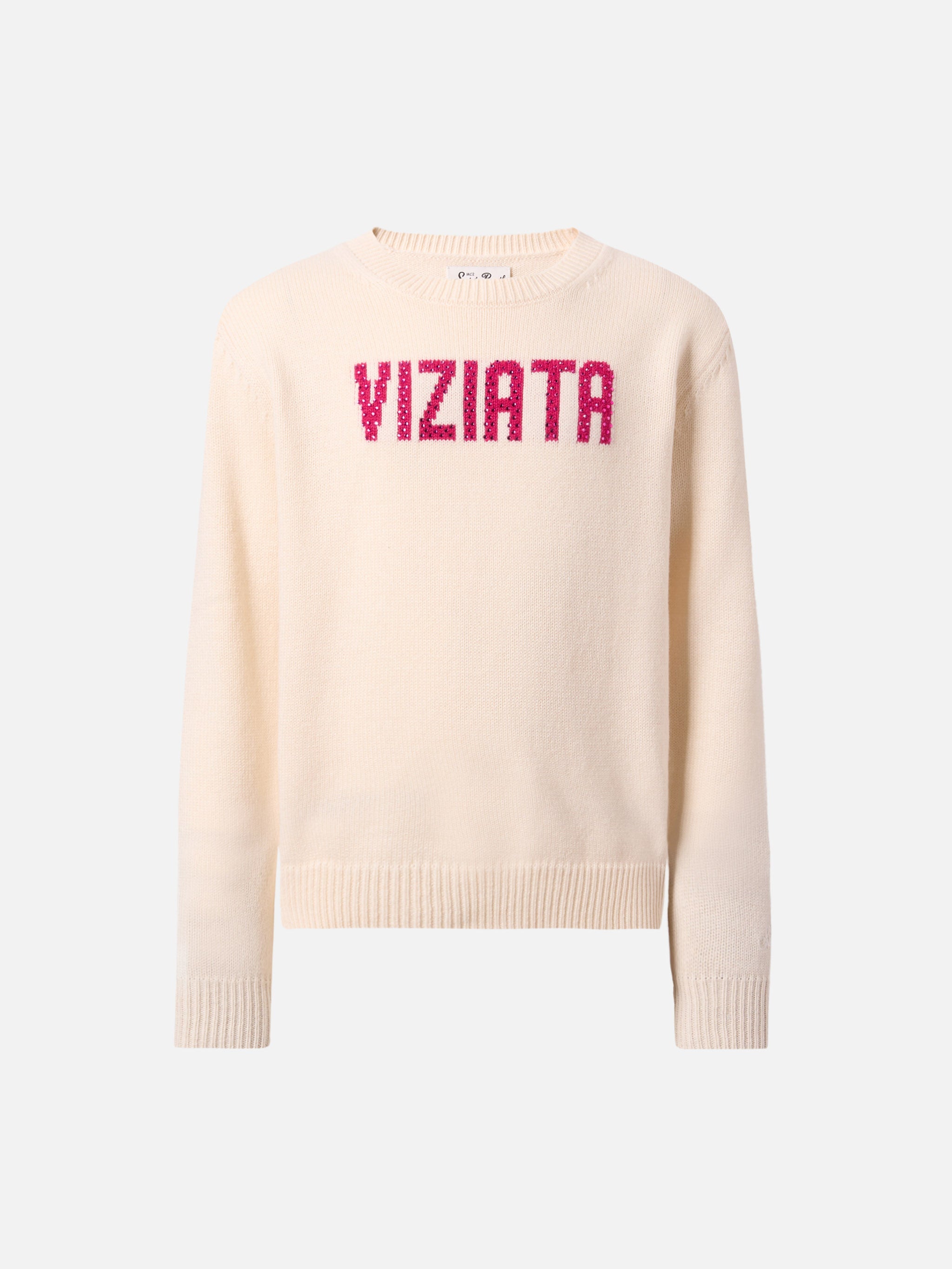 Princess Cashmere-Blend Crewneck With Viziata Rhinestone Appliqué White