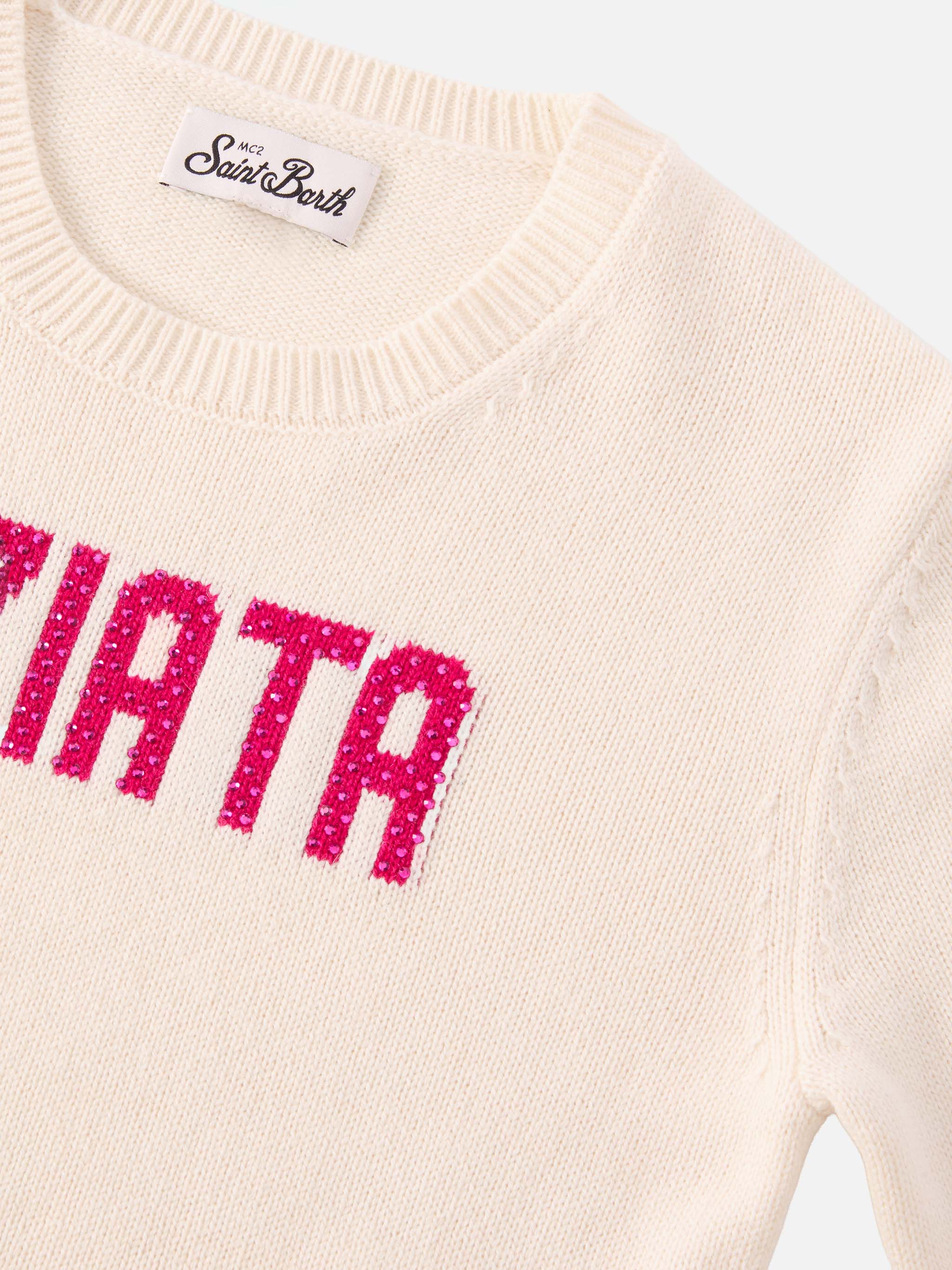 Princess Cashmere-Blend Crewneck With Viziata Rhinestone Appliqué White