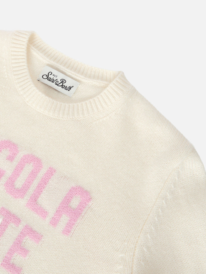 Crewneck Princess Cashmere Blend With Piccola Peste Jacquard White
