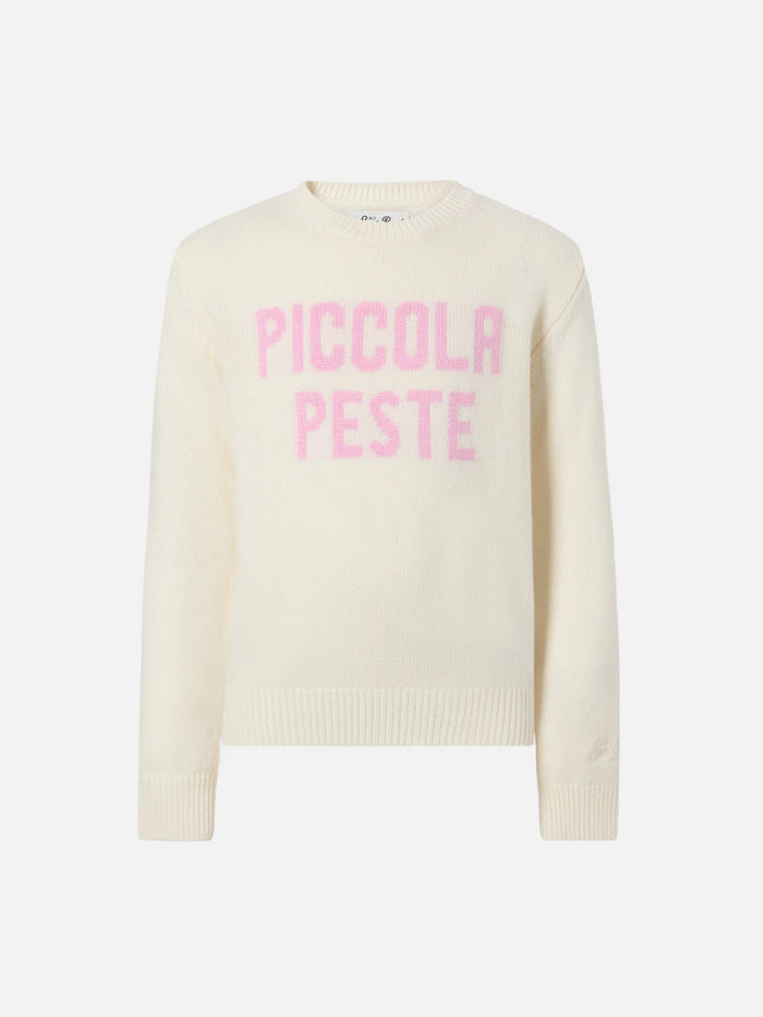 Crewneck Princess Cashmere Blend With Piccola Peste Jacquard White