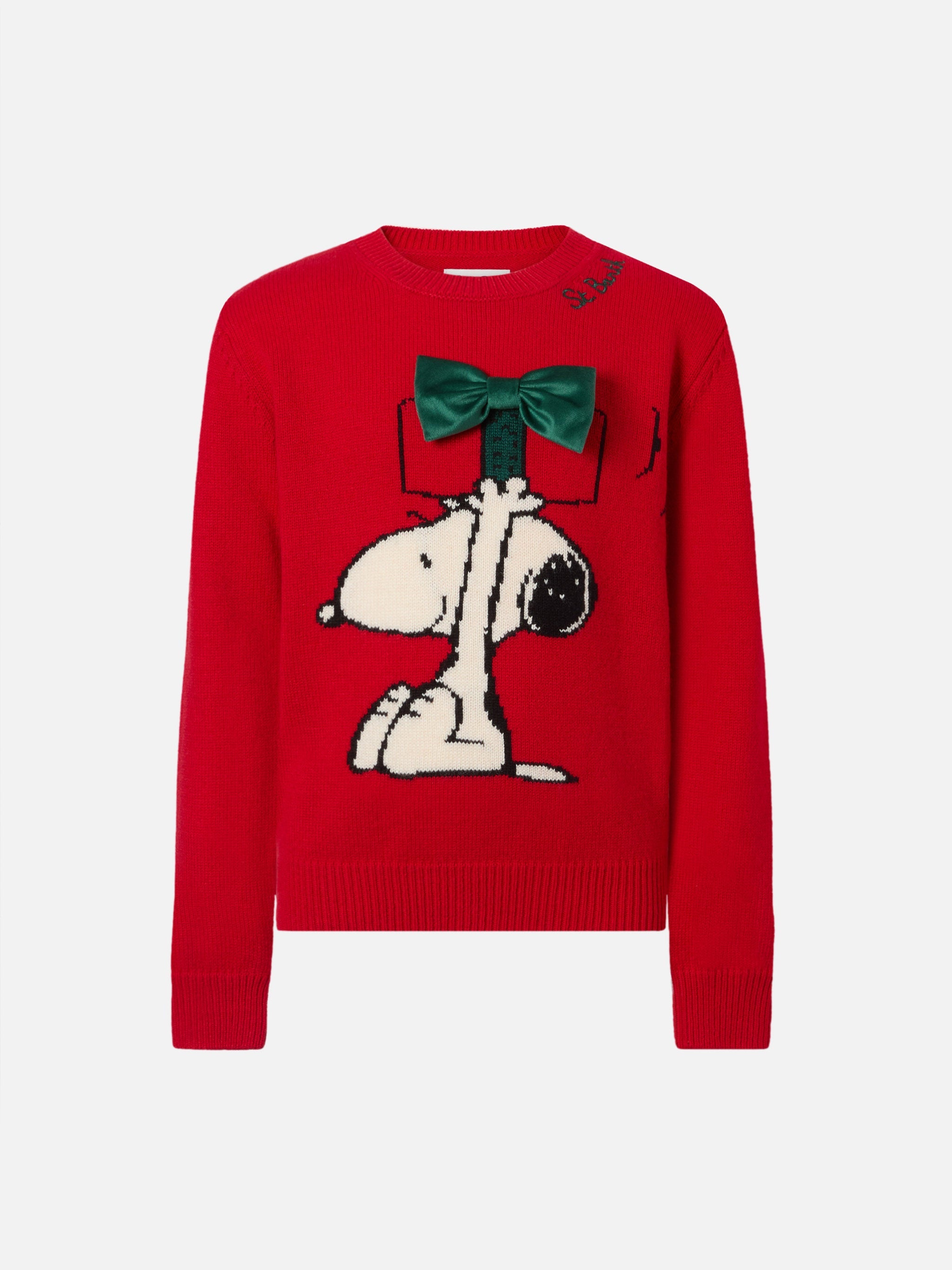 Princess Cashmere-Blend Crewneck With Snoopy Jacquard And Velvet Bow Appliqué | Peanuts Special Edition Red