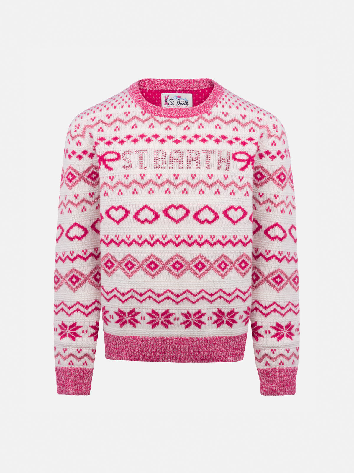 Girl Fair-Isle Crewneck Sweater Princess With St. Barth Rhinestones Logo Pink