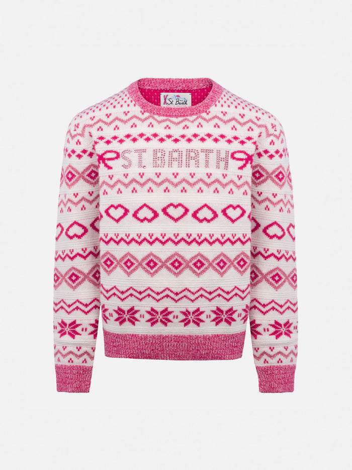 Girl Fair-Isle Crewneck Sweater Princess With St. Barth Rhinestones Logo Pink