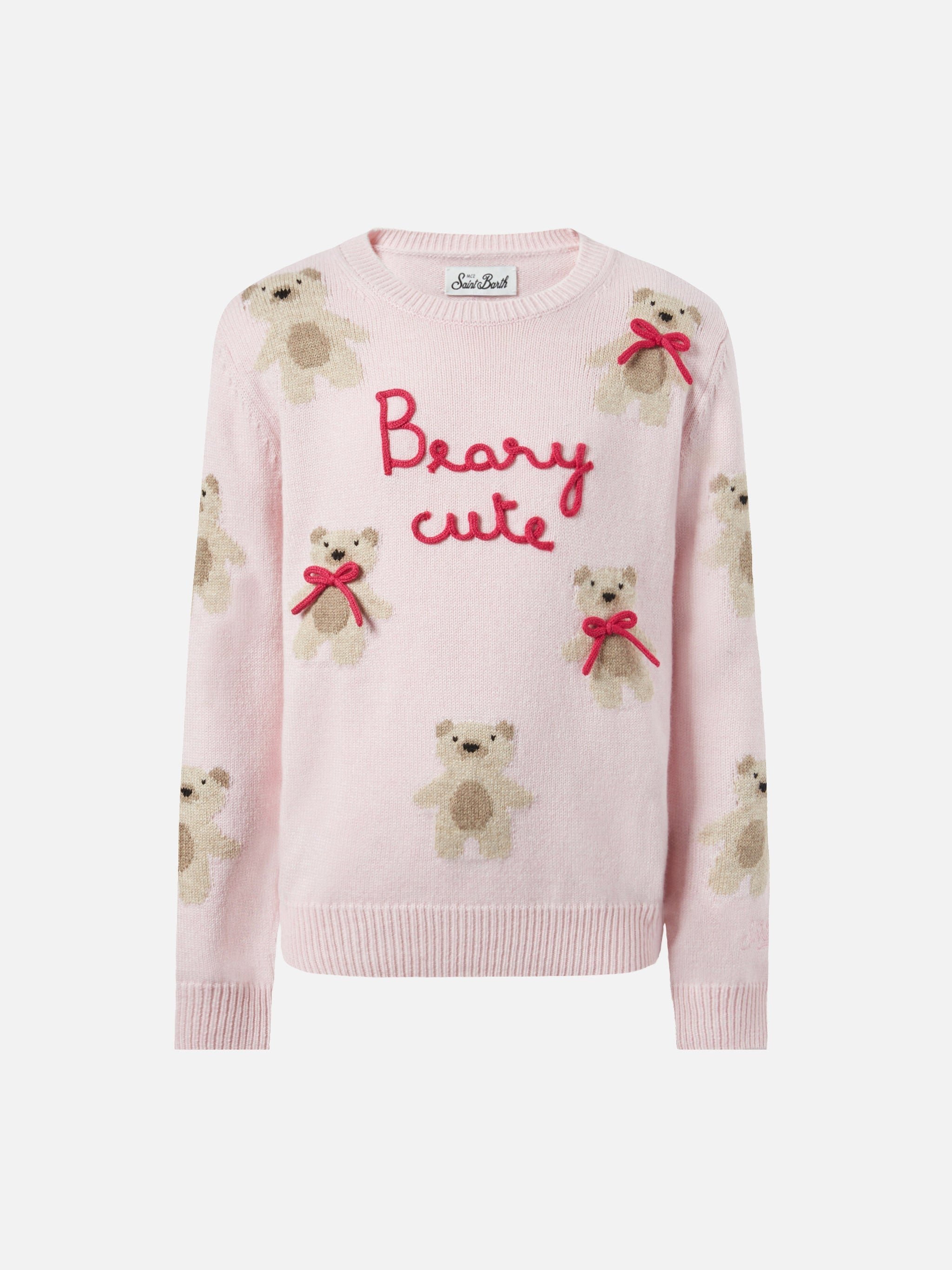 Princess Cashmere-Blend Crewneck With Teddy-Bear Jacquard And Bow Appliqués Pink