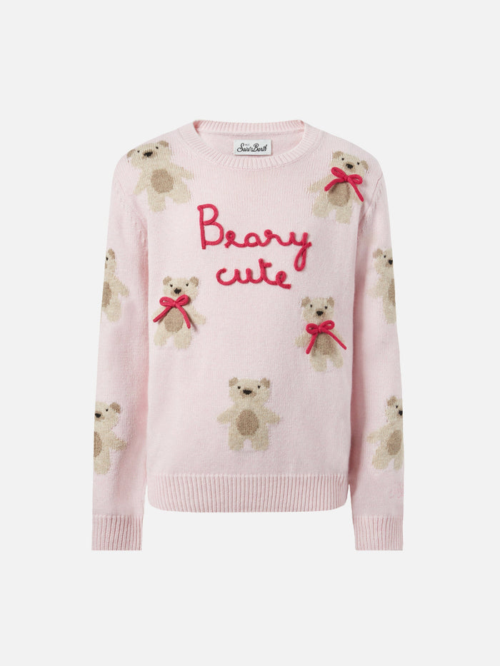 Princess Cashmere-Blend Crewneck With Teddy-Bear Jacquard And Bow Appliqués Pink
