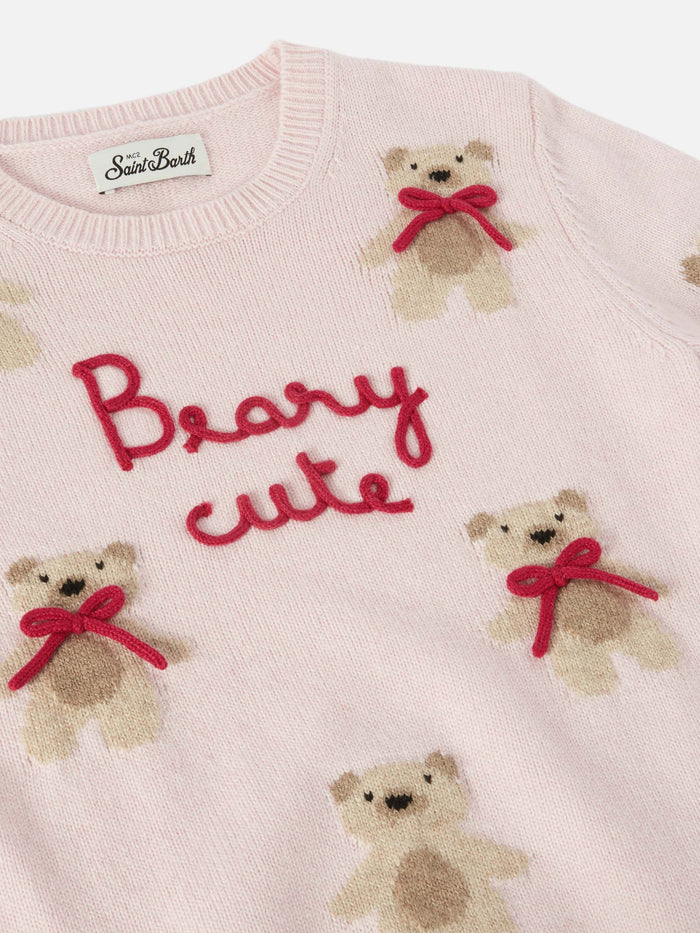 Princess Cashmere-Blend Crewneck With Teddy-Bear Jacquard And Bow Appliqués Pink