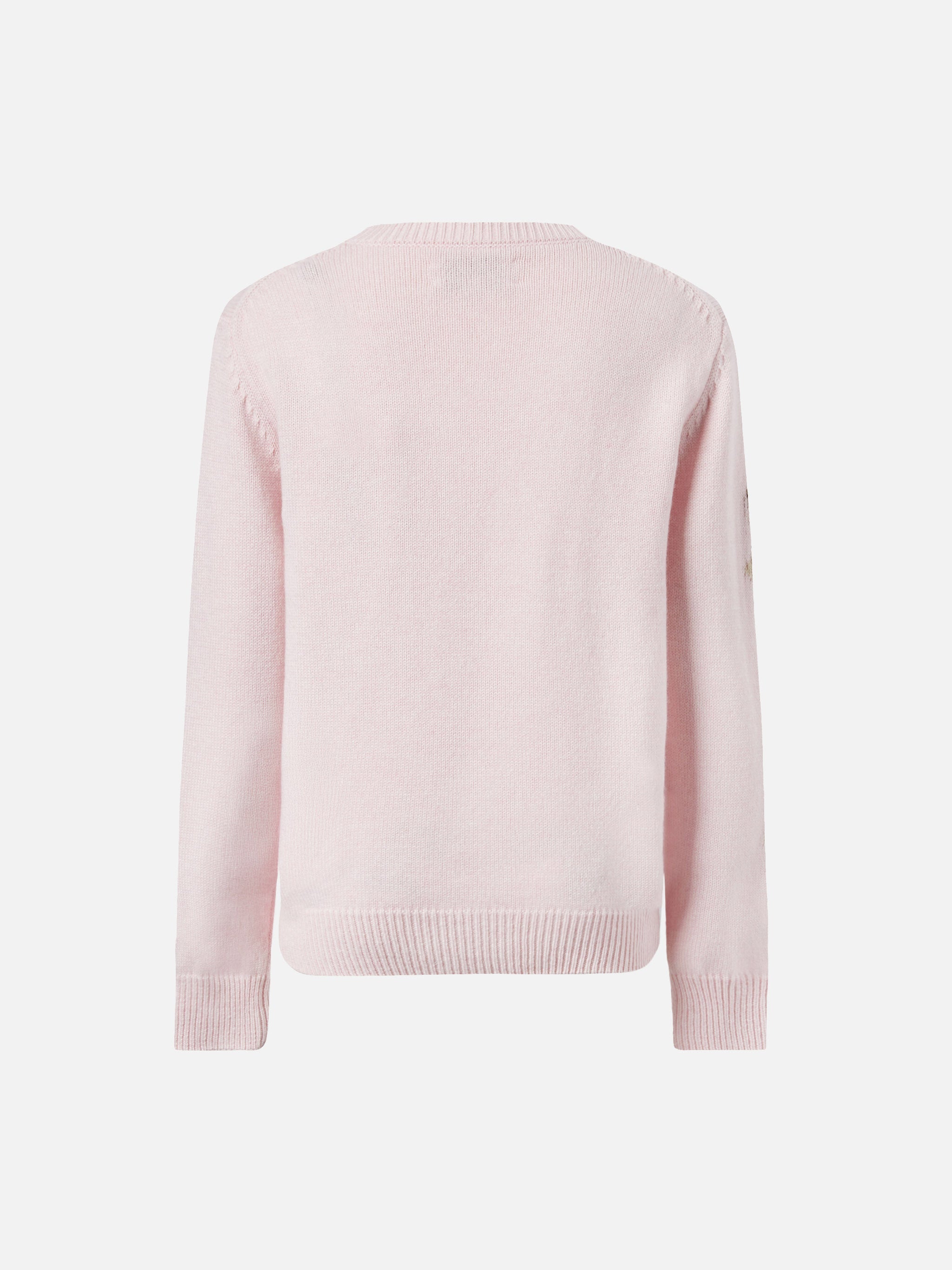 Princess Cashmere-Blend Crewneck With Teddy-Bear Jacquard And Bow Appliqués Pink