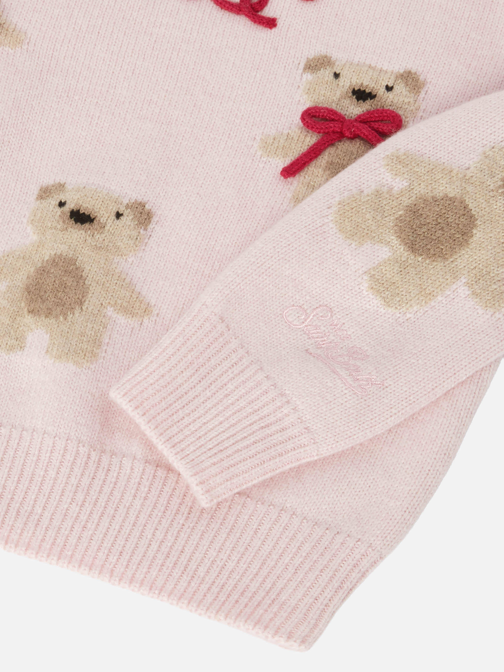 Princess Cashmere-Blend Crewneck With Teddy-Bear Jacquard And Bow Appliqués Pink