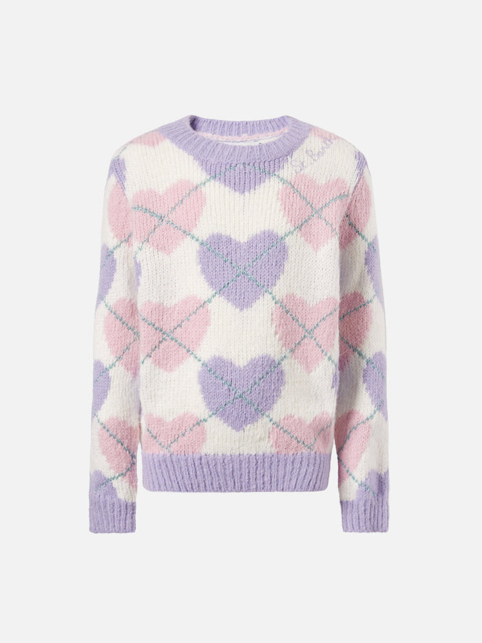 Crewneck Sweater With Heart Argyle Jacquard White