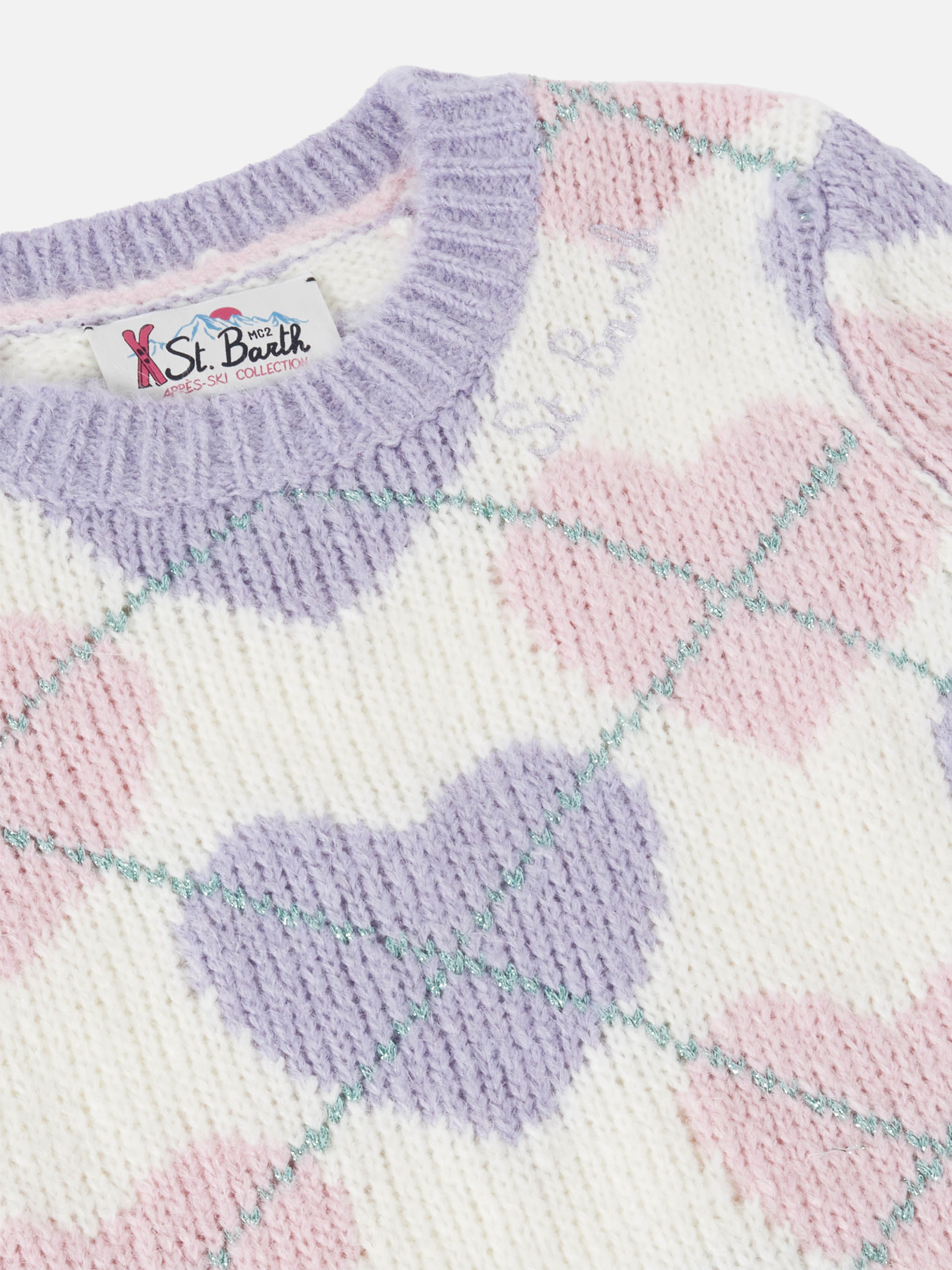 Crewneck Sweater With Heart Argyle Jacquard White