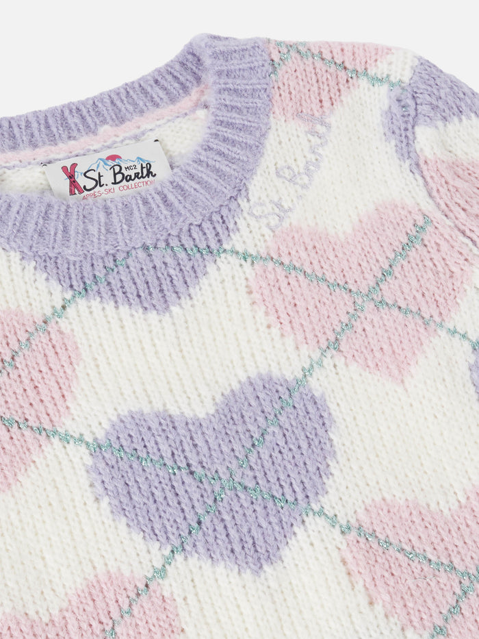 Crewneck Sweater With Heart Argyle Jacquard White
