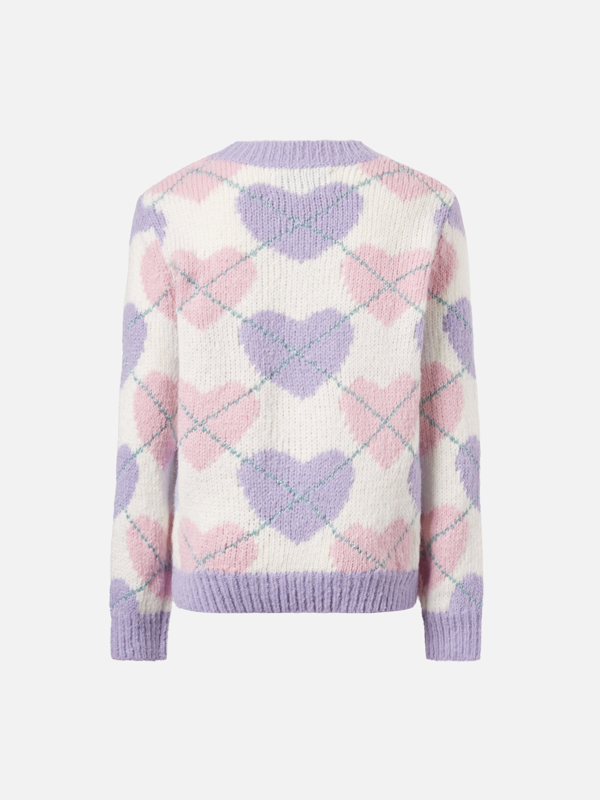 Crewneck Sweater With Heart Argyle Jacquard White