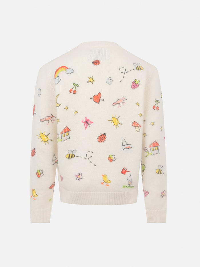 Girl White Crewneck Sweater Princess With Saint Barth Sketch Print