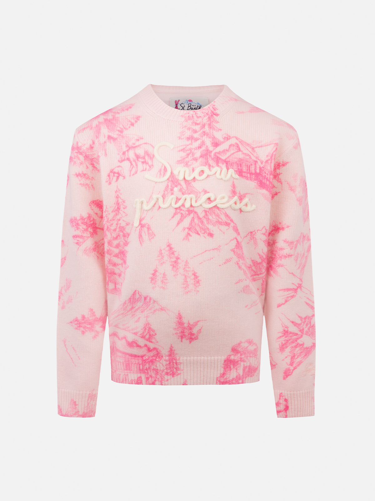 Girl Pink Crewneck Sweater Princess With Toile De Jouy Print And Snow Embroidery