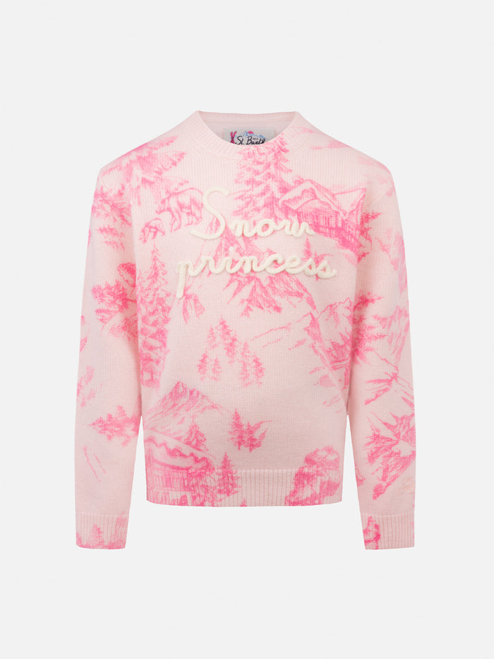 Girl Pink Crewneck Sweater Princess With Toile De Jouy Print And Snow Embroidery