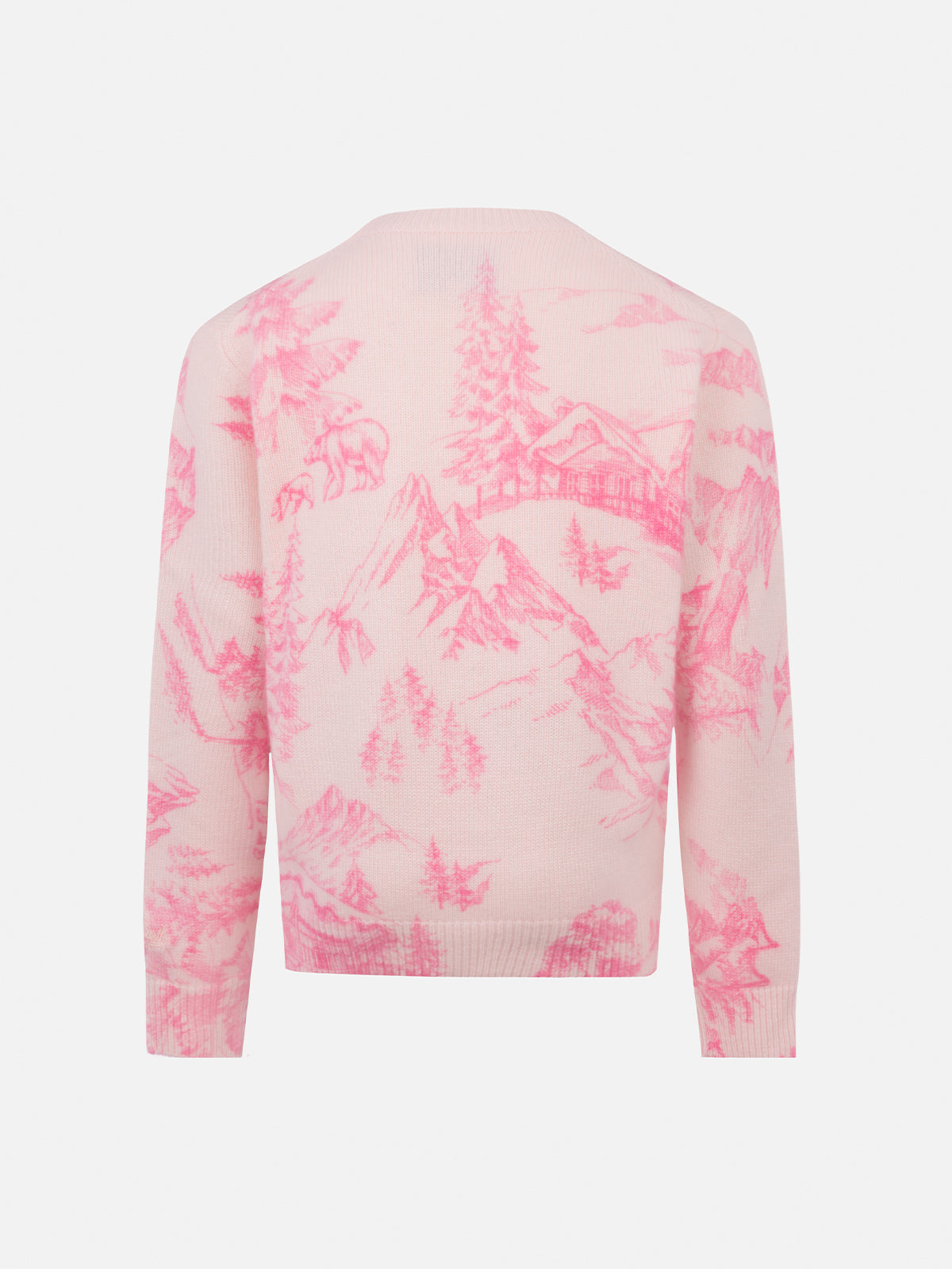Girl Pink Crewneck Sweater Princess With Toile De Jouy Print And Snow Embroidery
