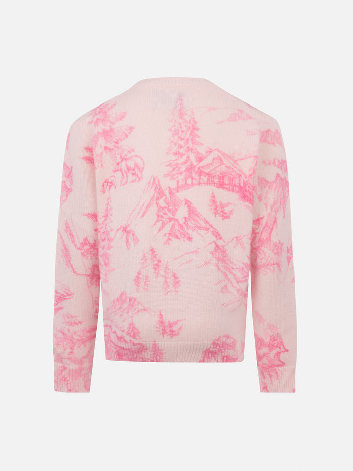 Girl Pink Crewneck Sweater Princess With Toile De Jouy Print And Snow Embroidery