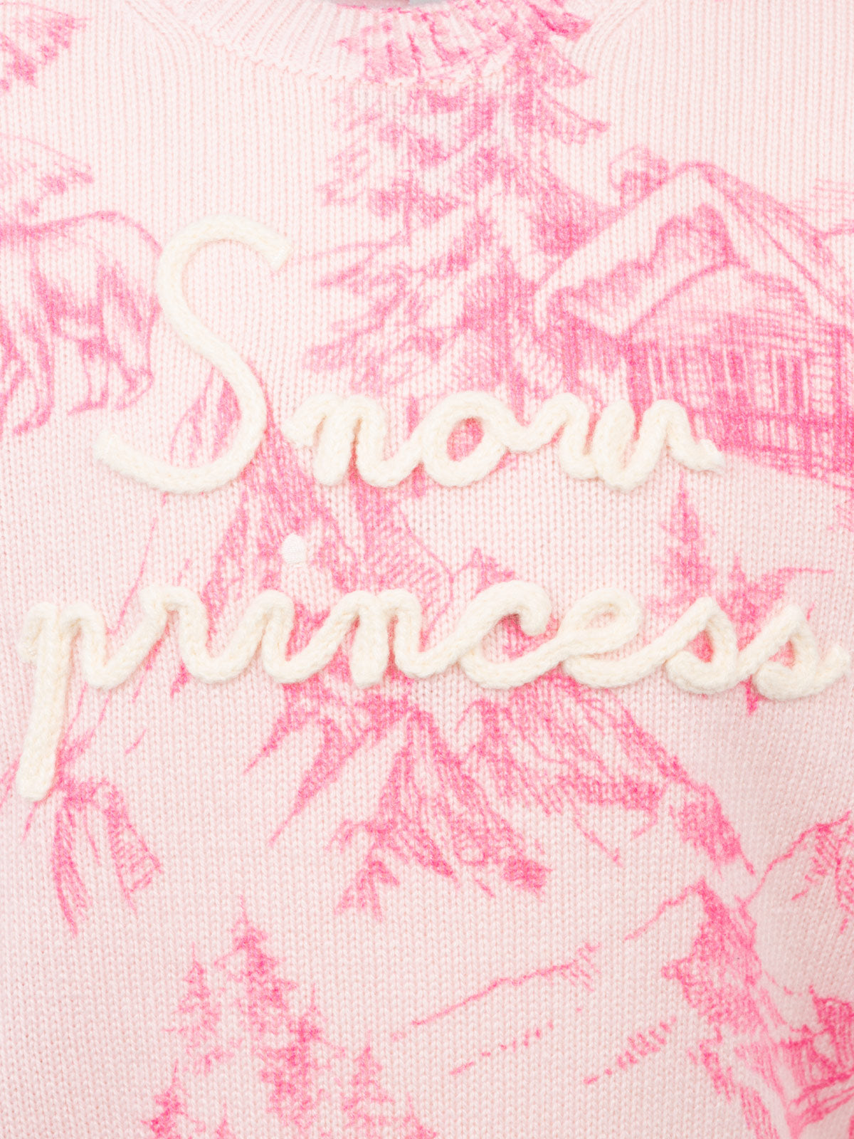 Girl Pink Crewneck Sweater Princess With Toile De Jouy Print And Snow Embroidery