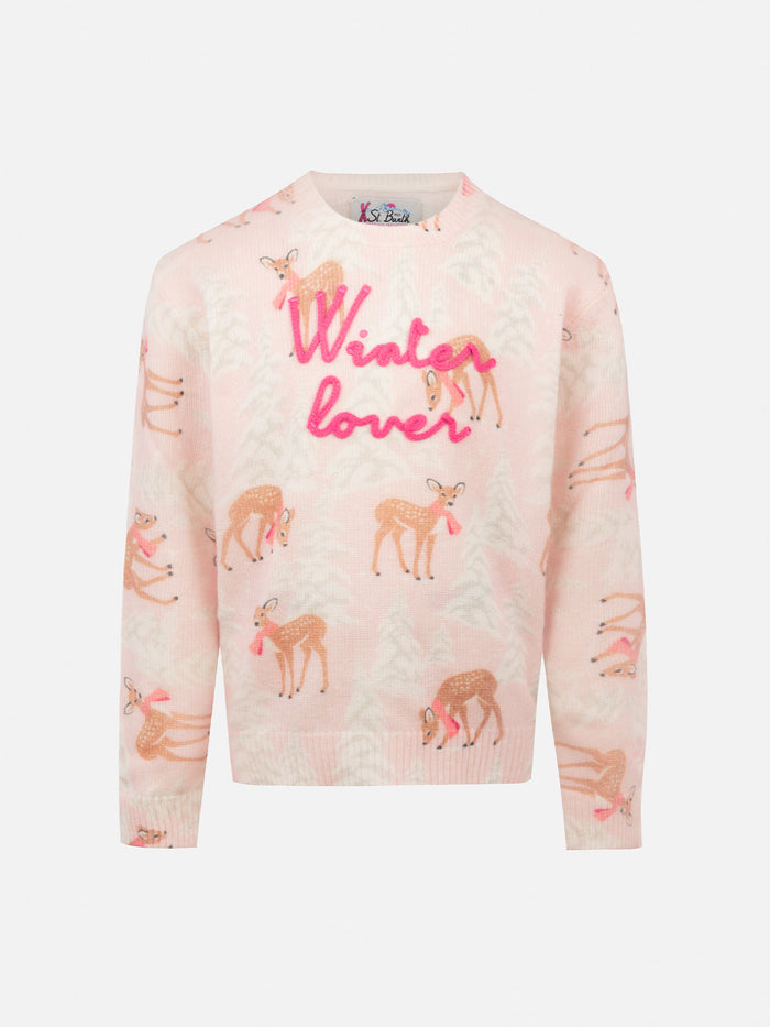Girl Pink Crewneck Sweater Princess With Pines Fawn Print And Winter Lover Embroidery