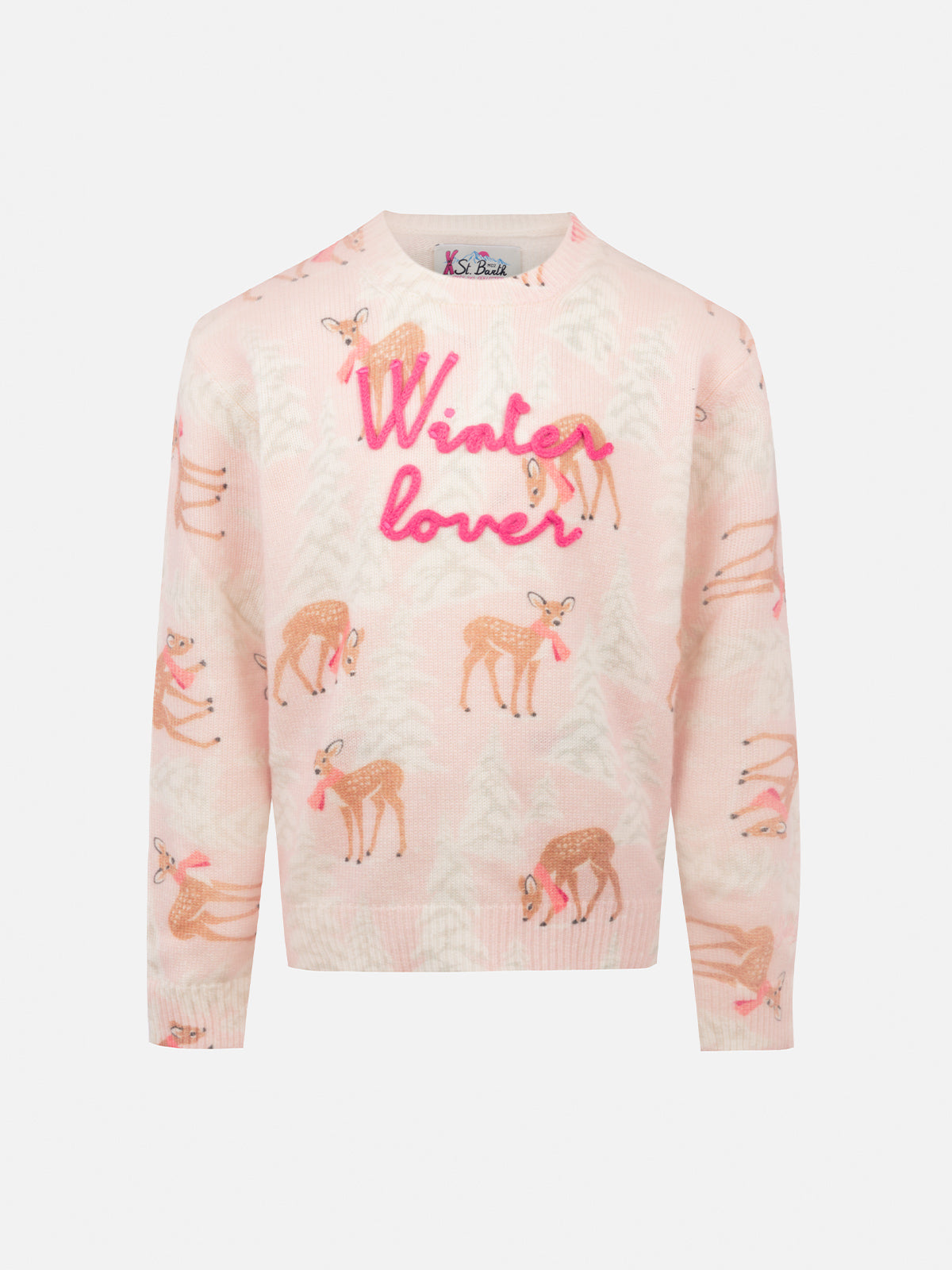 Girl Pink Crewneck Sweater Princess With Pines Fawn Print And Winter Lover Embroidery __single__ Knitwear