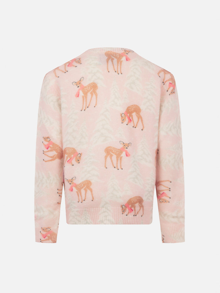 Girl Pink Crewneck Sweater Princess With Pines Fawn Print And Winter Lover Embroidery