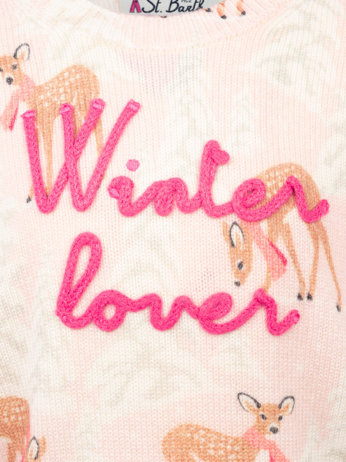 Girl Pink Crewneck Sweater Princess With Pines Fawn Print And Winter Lover Embroidery __single__ Knitwear