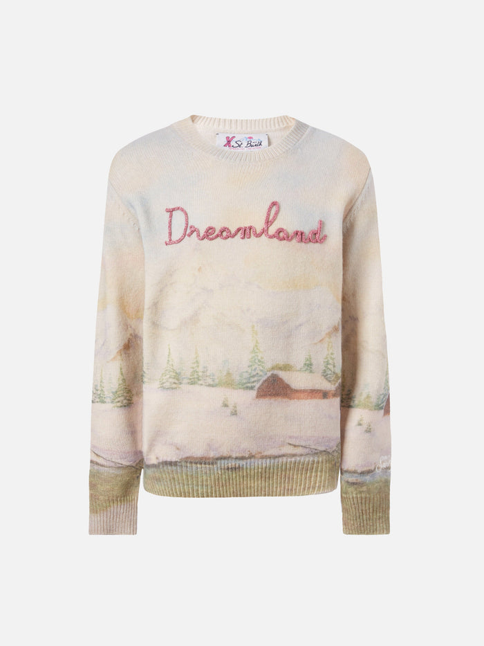 White Crewneck Princess With Mountain Print And Dreamland Embroidery