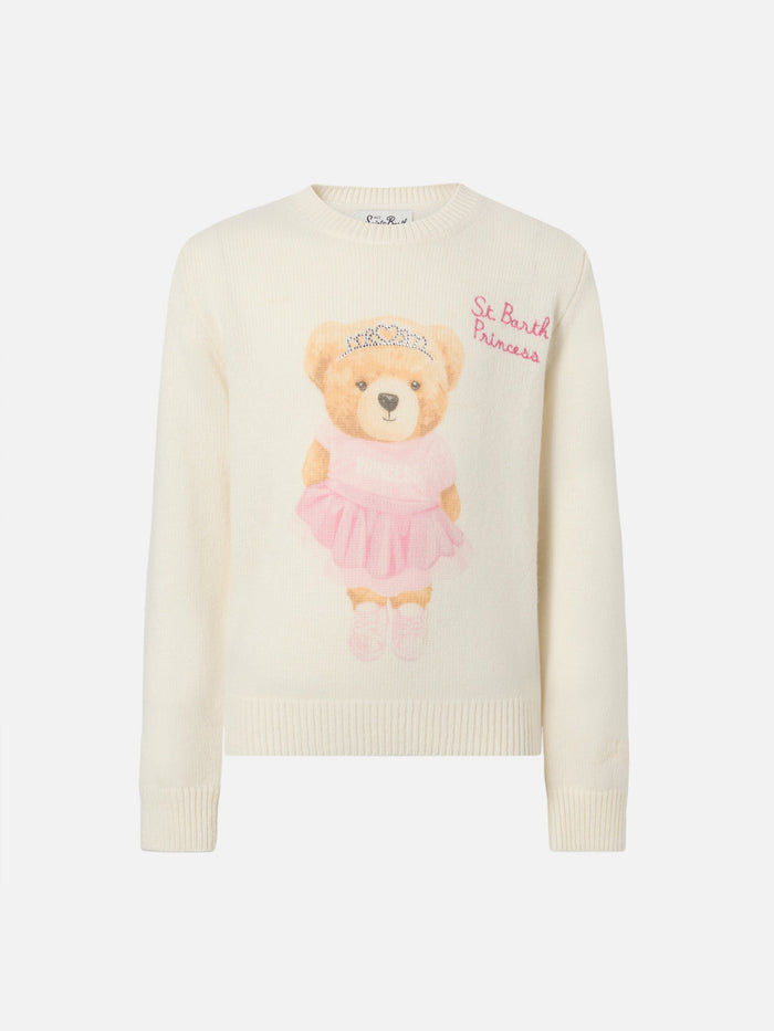 Sweater Princess Cashmere Blend With Teddy Bear Print And Embroidery White