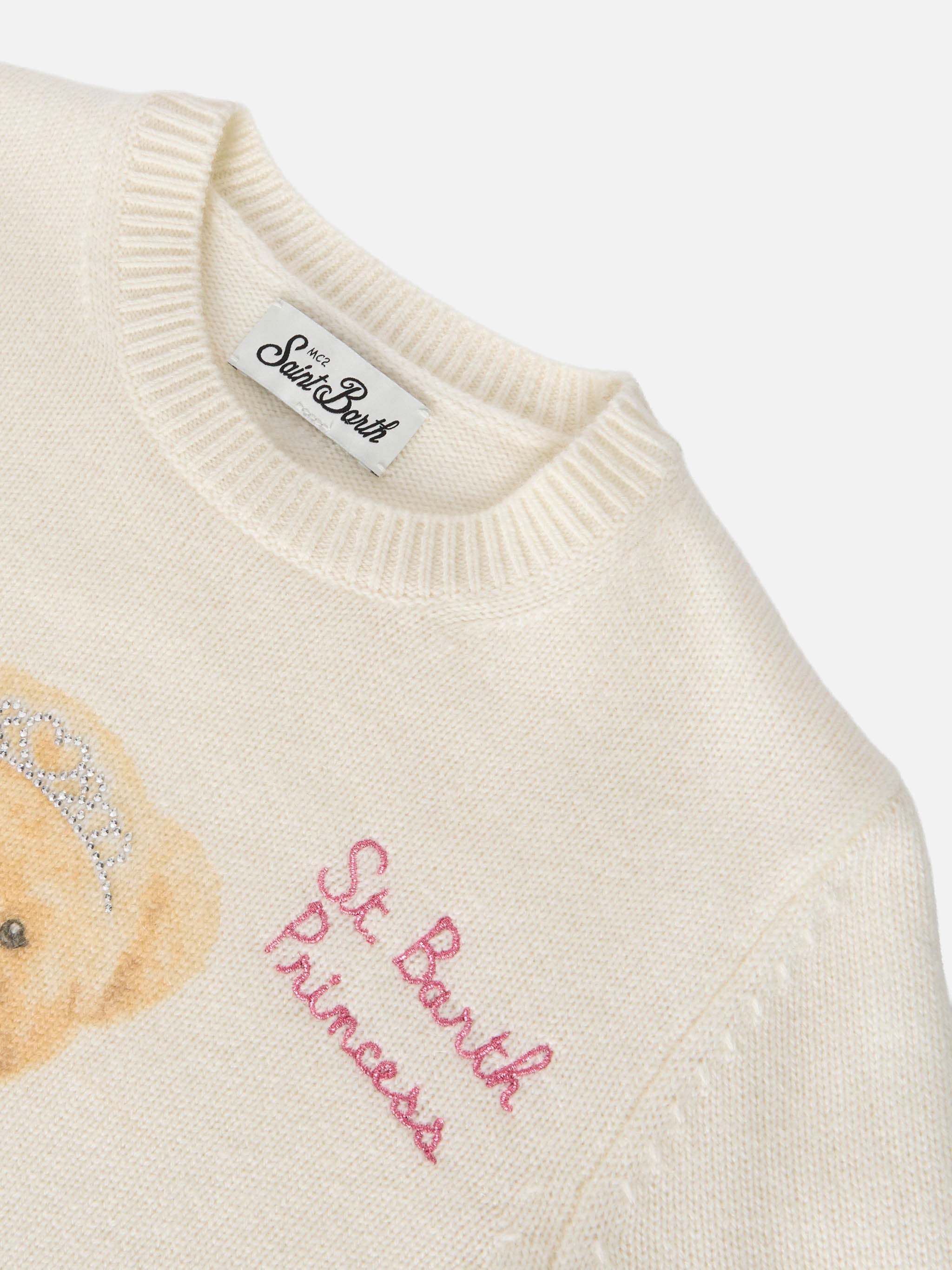 Sweater Princess Cashmere Blend With Teddy Bear Print And Embroidery White