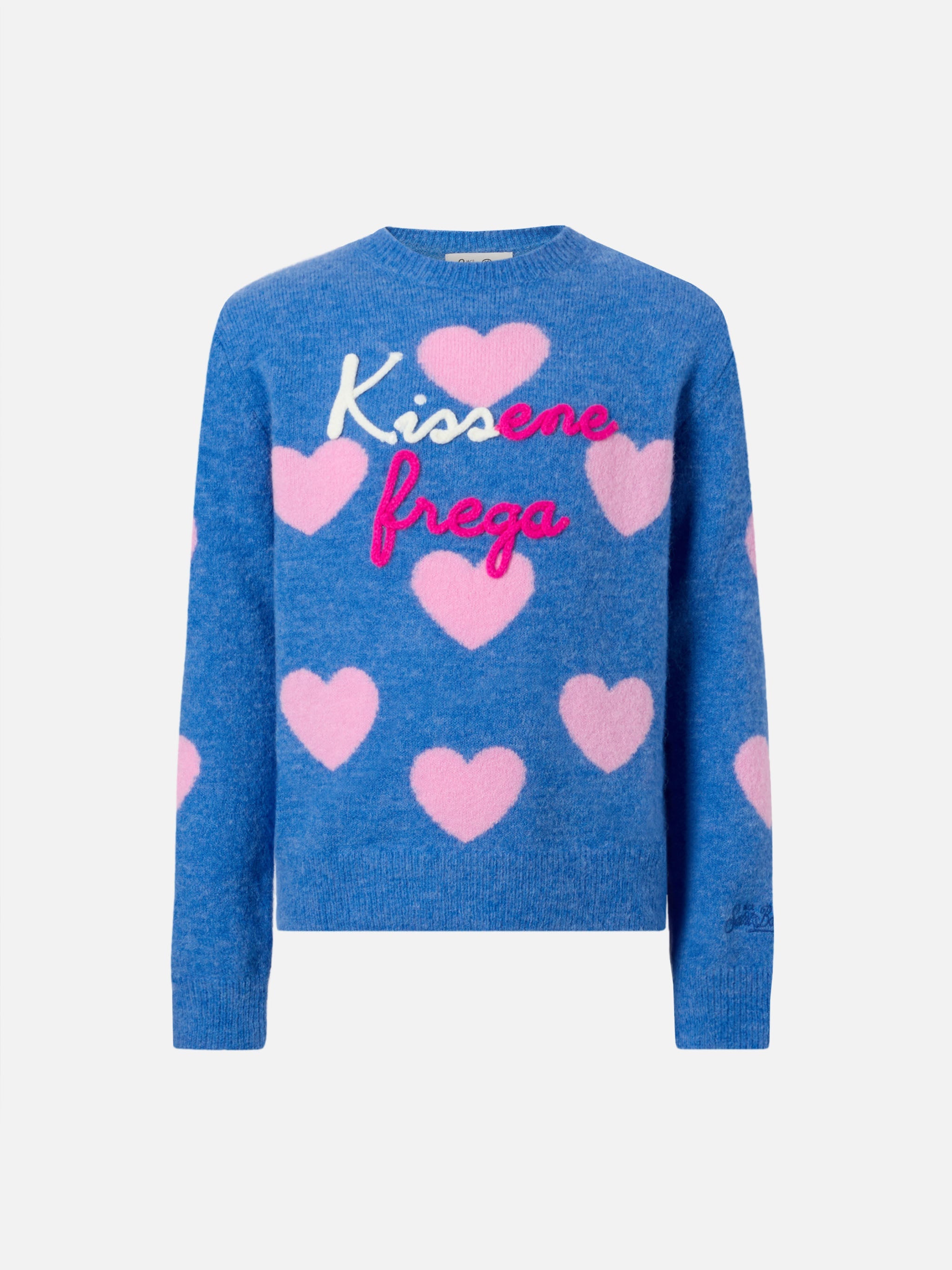 Princess Stretch Alpaca Sweater With Heart Jacquard And Kissene Frega Embroidery Blue