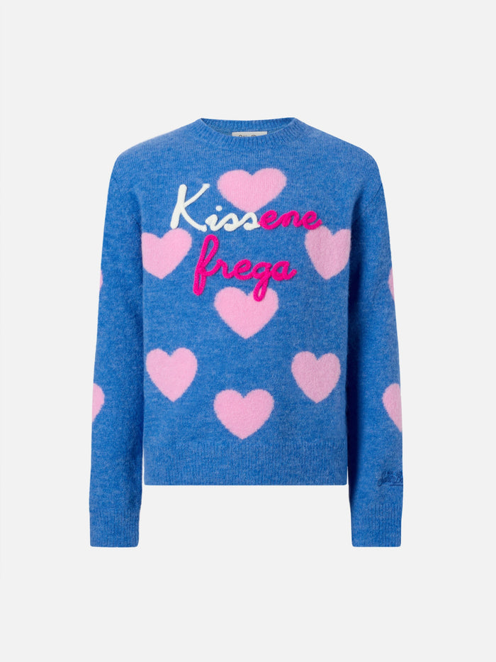 Princess Stretch Alpaca Sweater With Heart Jacquard And Kissene Frega Embroidery Blue