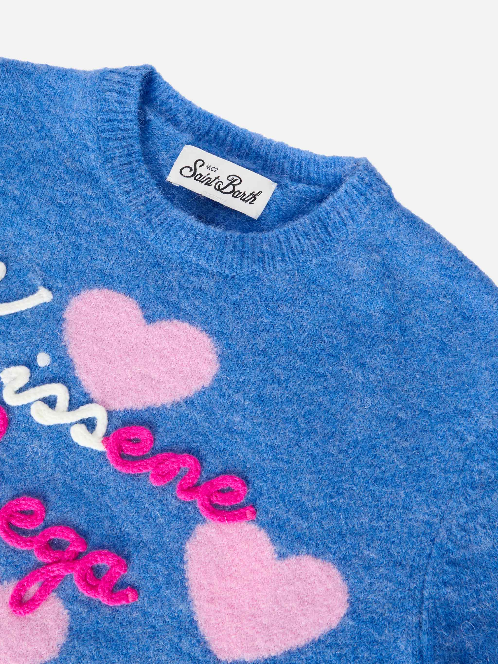 Princess Stretch Alpaca Sweater With Heart Jacquard And Kissene Frega Embroidery Blue