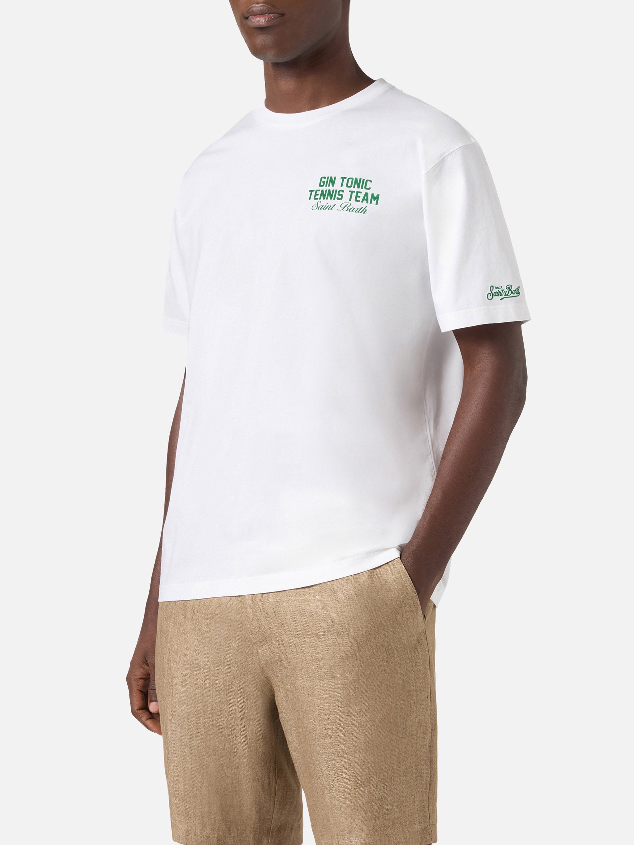 White Portland T-Shirt With Gin Tonic Tennis Team Illustration