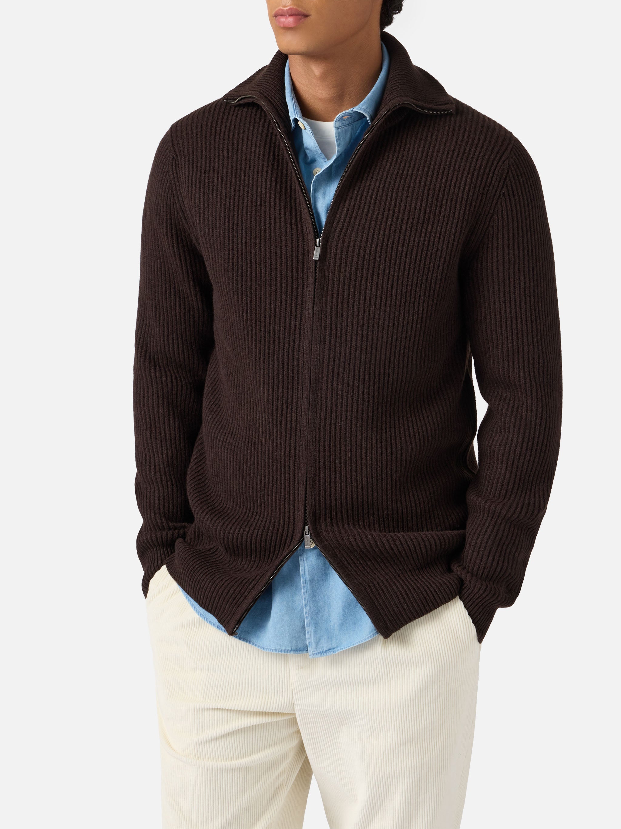 Preston Pure-Wool Full-Zip Cardigan Dark Brown