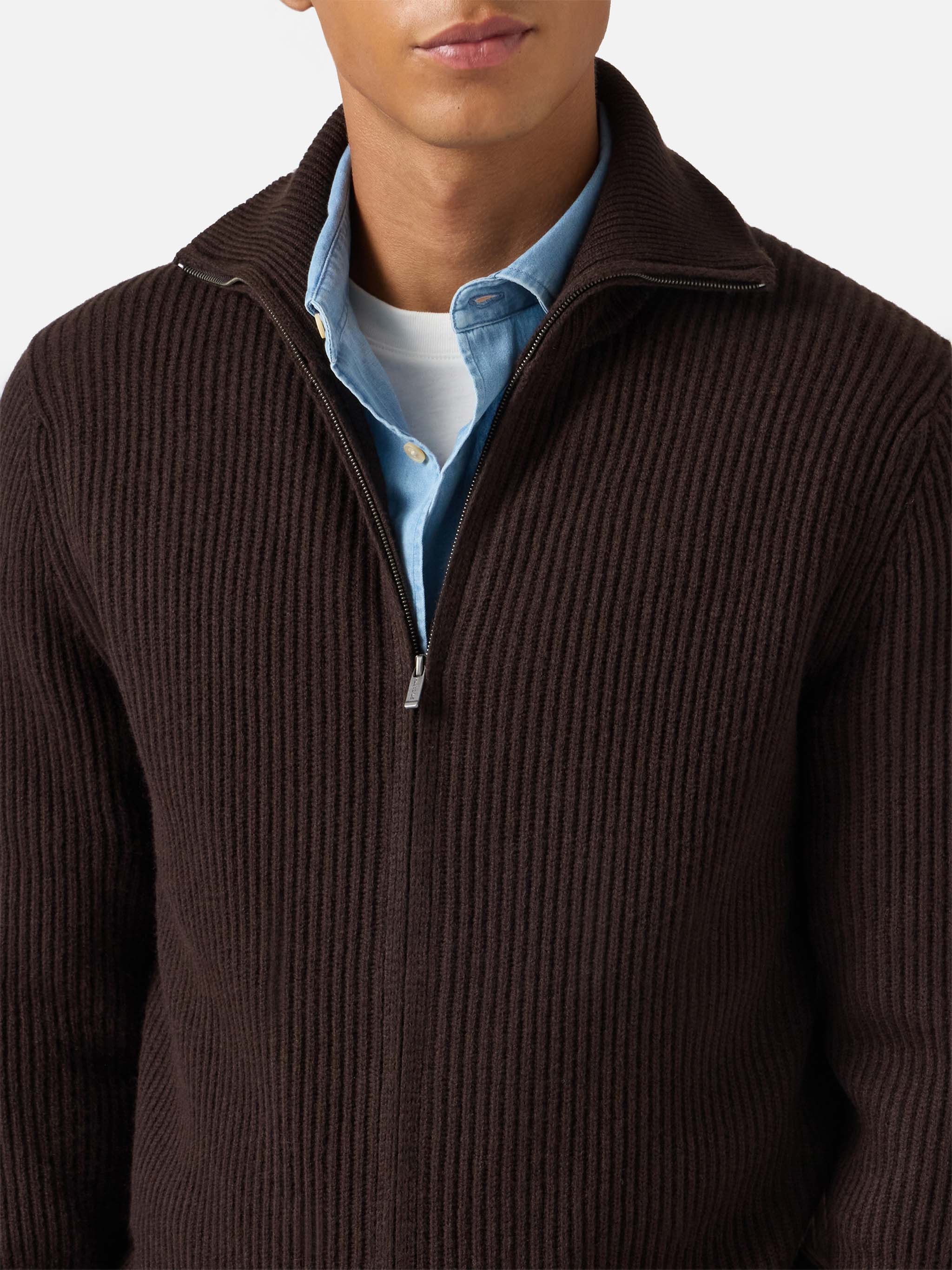 Preston Pure-Wool Full-Zip Cardigan Dark Brown