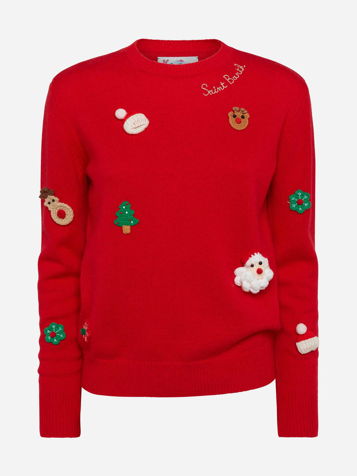 Maglia New Queen Brushed Rossa Con Patch Natalizie Red Knitwear