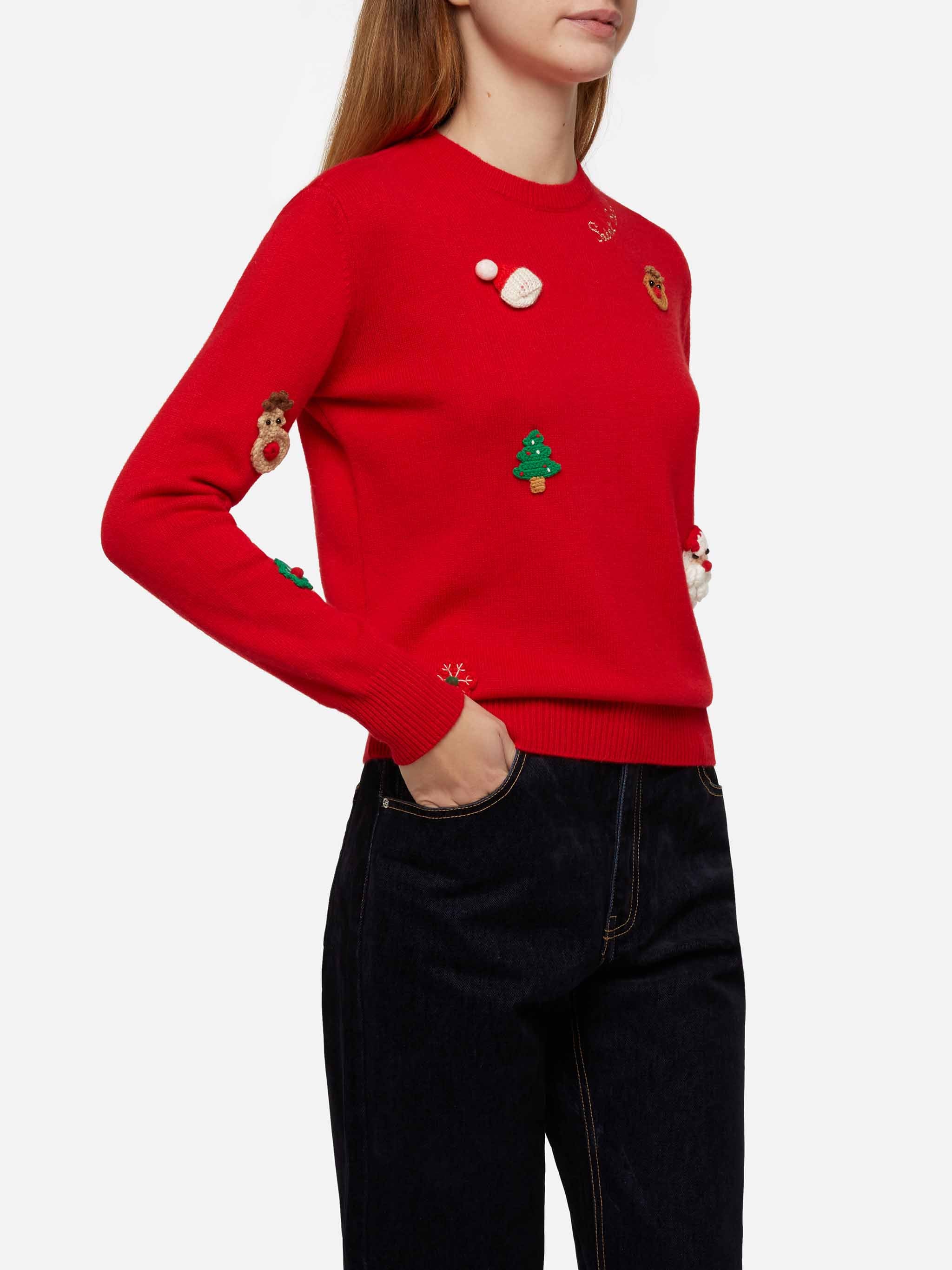 Maglia New Queen Brushed Rossa Con Patch Natalizie Red Knitwear
