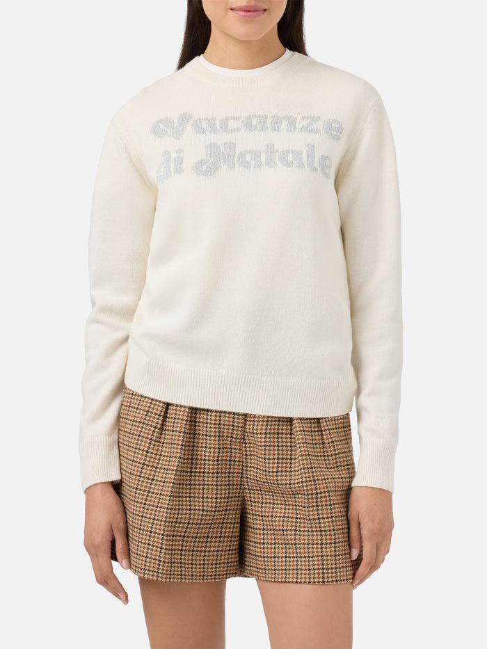 New Queen Cashmere-Blend Crewneck White With Vacanze Di Natale Jacquard | Special Edition