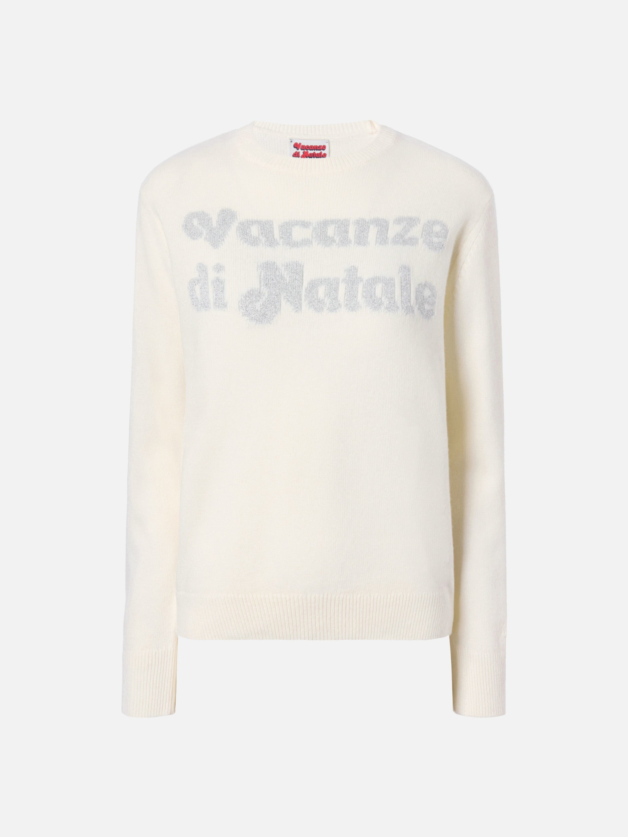 New Queen Cashmere-Blend Crewneck White With Vacanze Di Natale Jacquard | Special Edition
