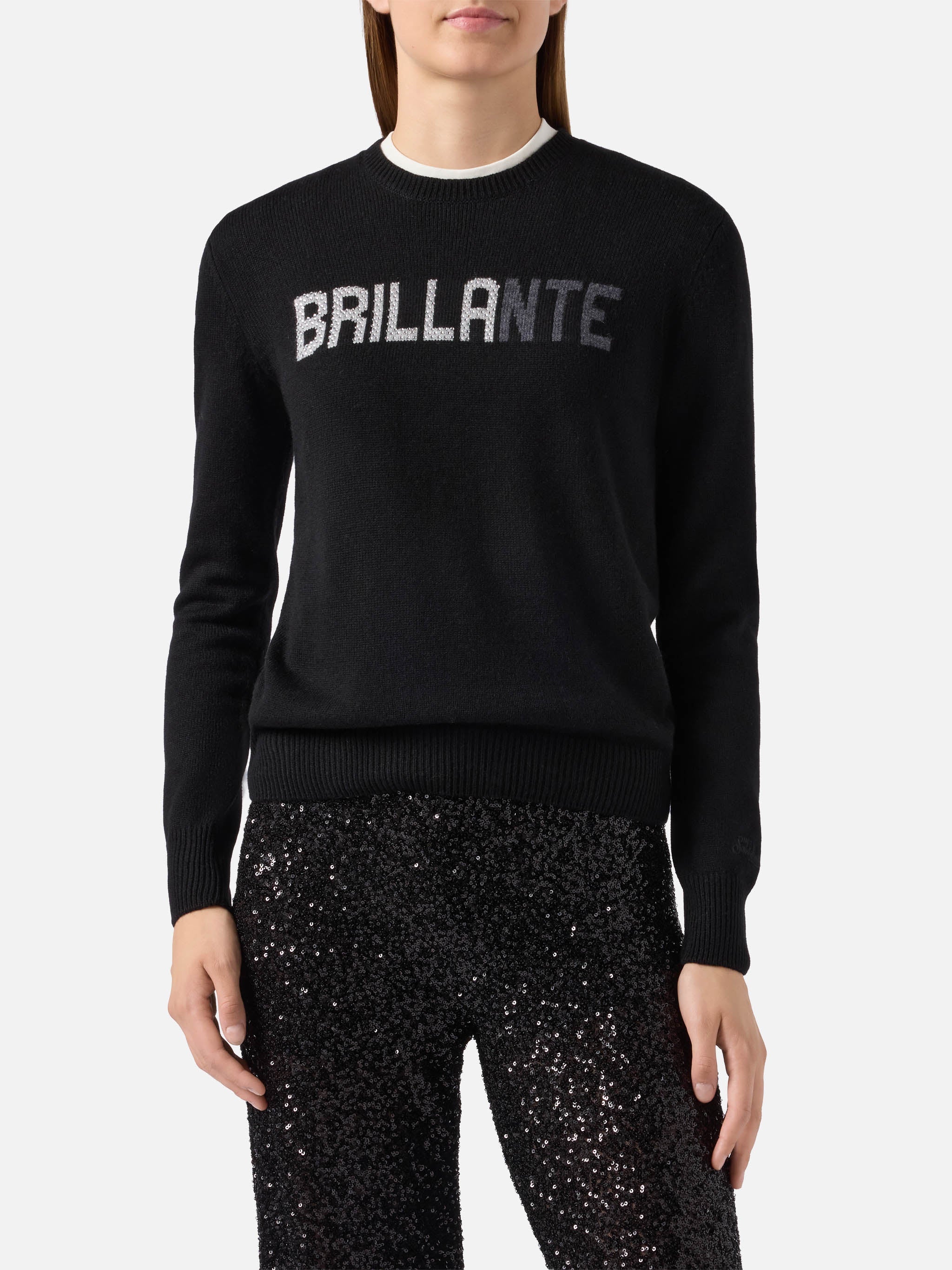 New Queen Cashmere-Blend Sweater Black With Brillante Rhinestone Appliqué